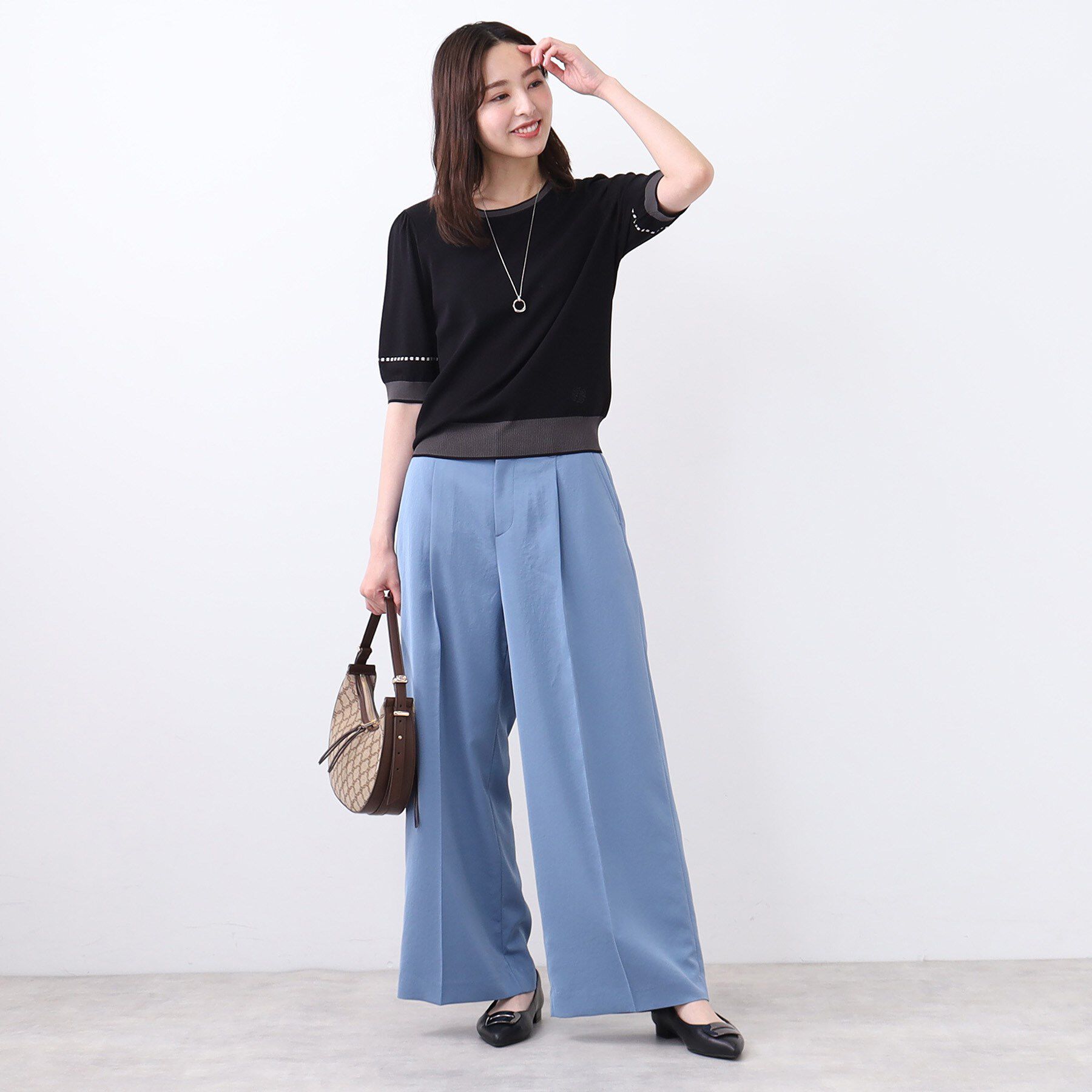 Reflect「【WEB先行カラーあり／手洗い可／アンサンブル可】バイカラー五分袖ニット」|ニット・セーター|