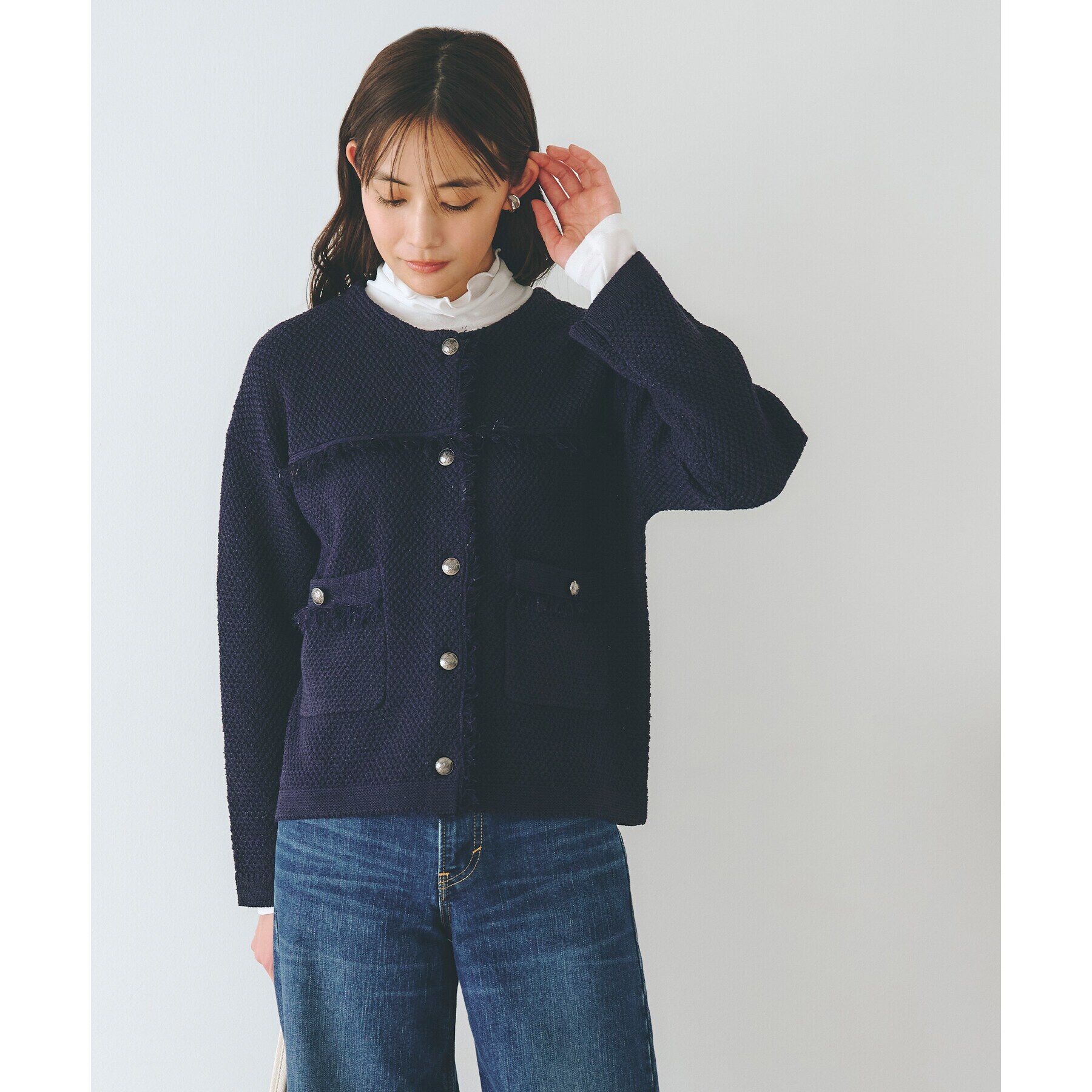 grove「ツイードニットジャケット」|ノーカラージャケット|ネイビー(094)