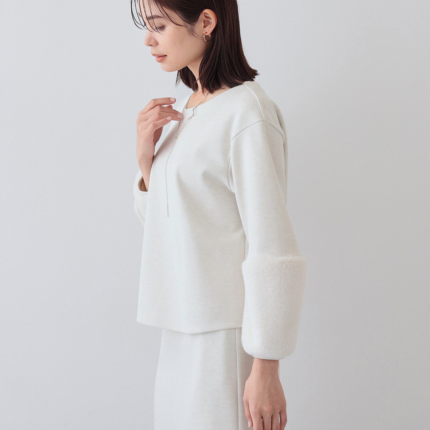 INDIVI「【洗える／UVケア／SETUP可能】メランジ調フェイクファー切り替えトップス」|Tシャツ・カットソー|