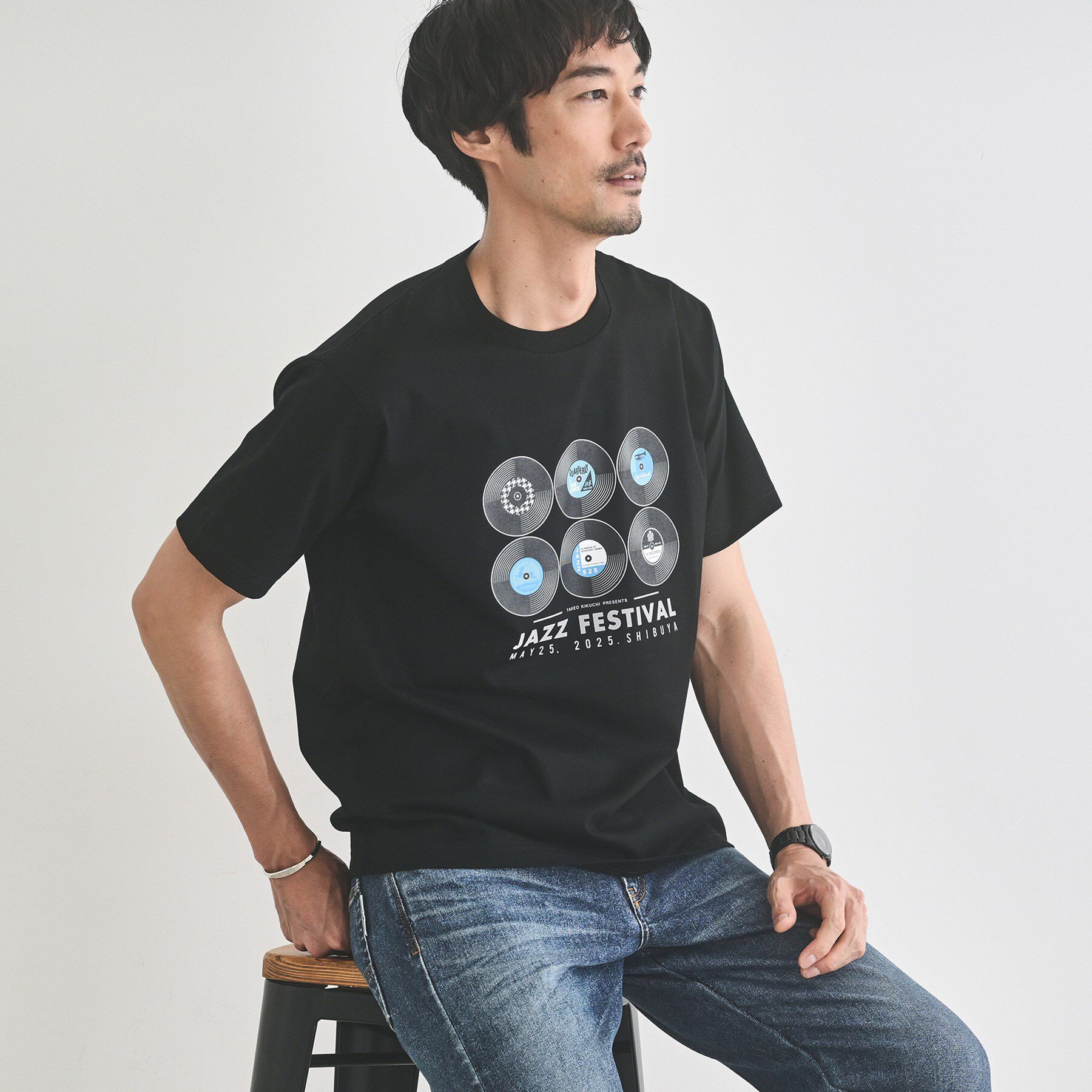 TAKEO KIKUCHI「レコードプリント 天竺 Tシャツ」|Tシャツ・カットソー|ブラック(019)