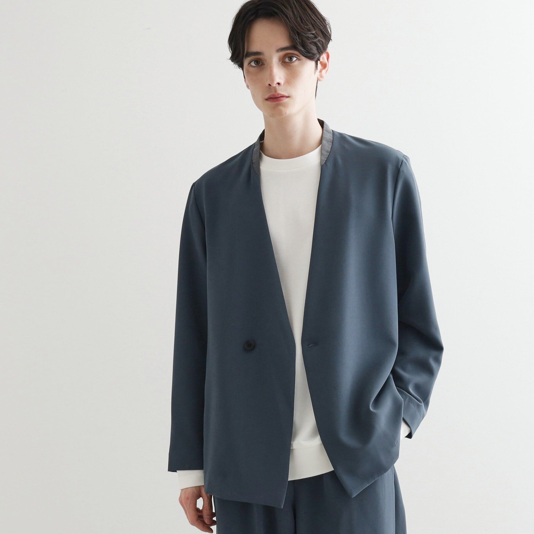tk.TAKEO KIKUCHI「360度ストレッチノーカラージャケット（セットアップ対応）」|ノーカラージャケット|ブルー(092)