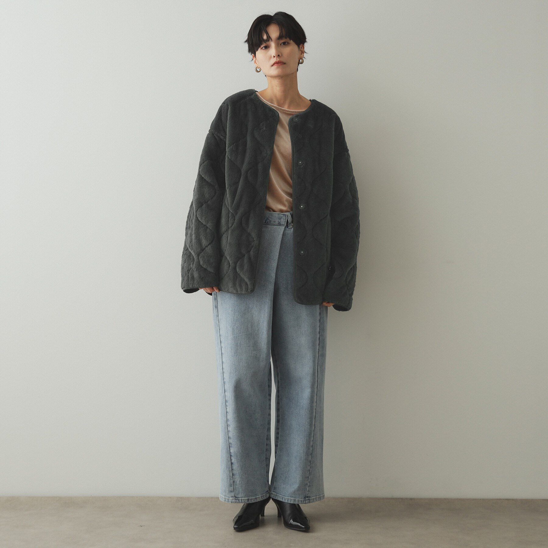OPAQUE.CLIP「《リバーシブル》キルティング&times;フェイクファージャケット【洗濯機洗い可】」|ノーカラーコート|