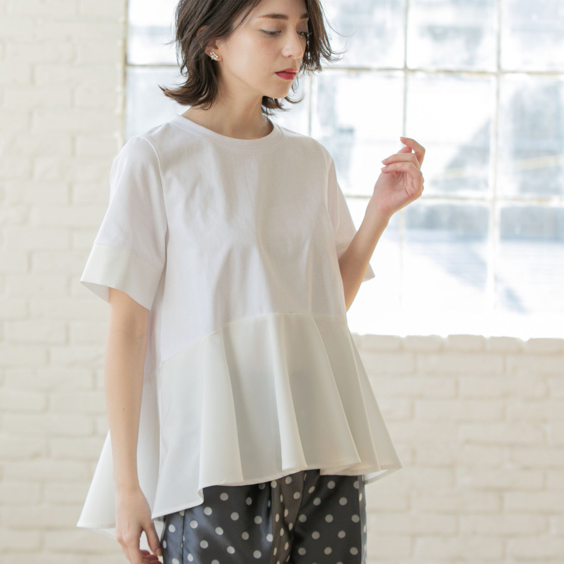 OPAQUE.CLIP「ペプラム切替ドッキングトップス【洗濯機洗い可】」|Tシャツ・カットソー|ホワイト(001)