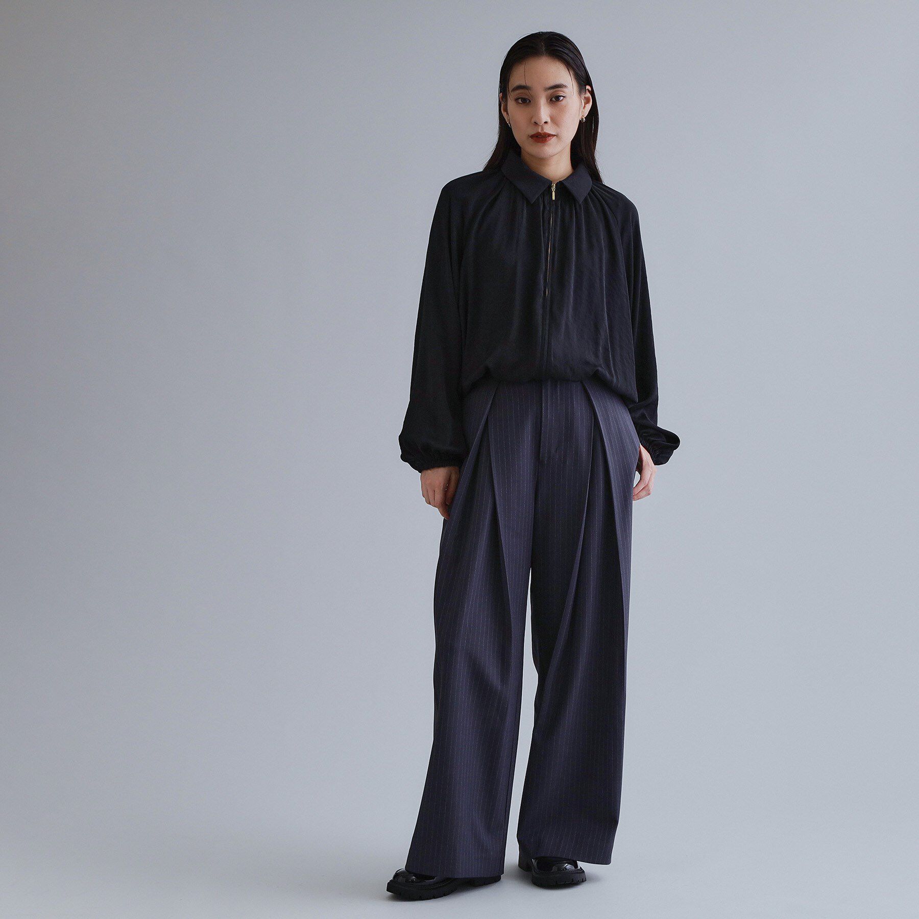 OPAQUE.CLIP「【es】ヴィンテージサテン ボリュームジップブラウス【洗濯機OK】」|シャツ・ブラウス|