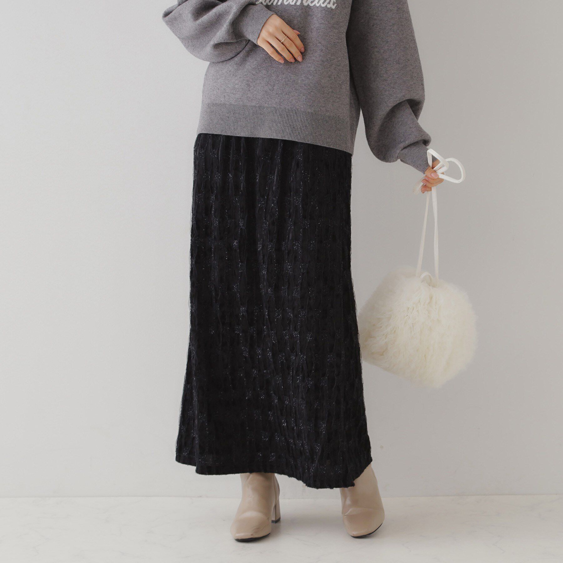 Couture broach「チュールレースベロアナロースカート」|スカート|ﾌﾞﾗｯｸ(019)