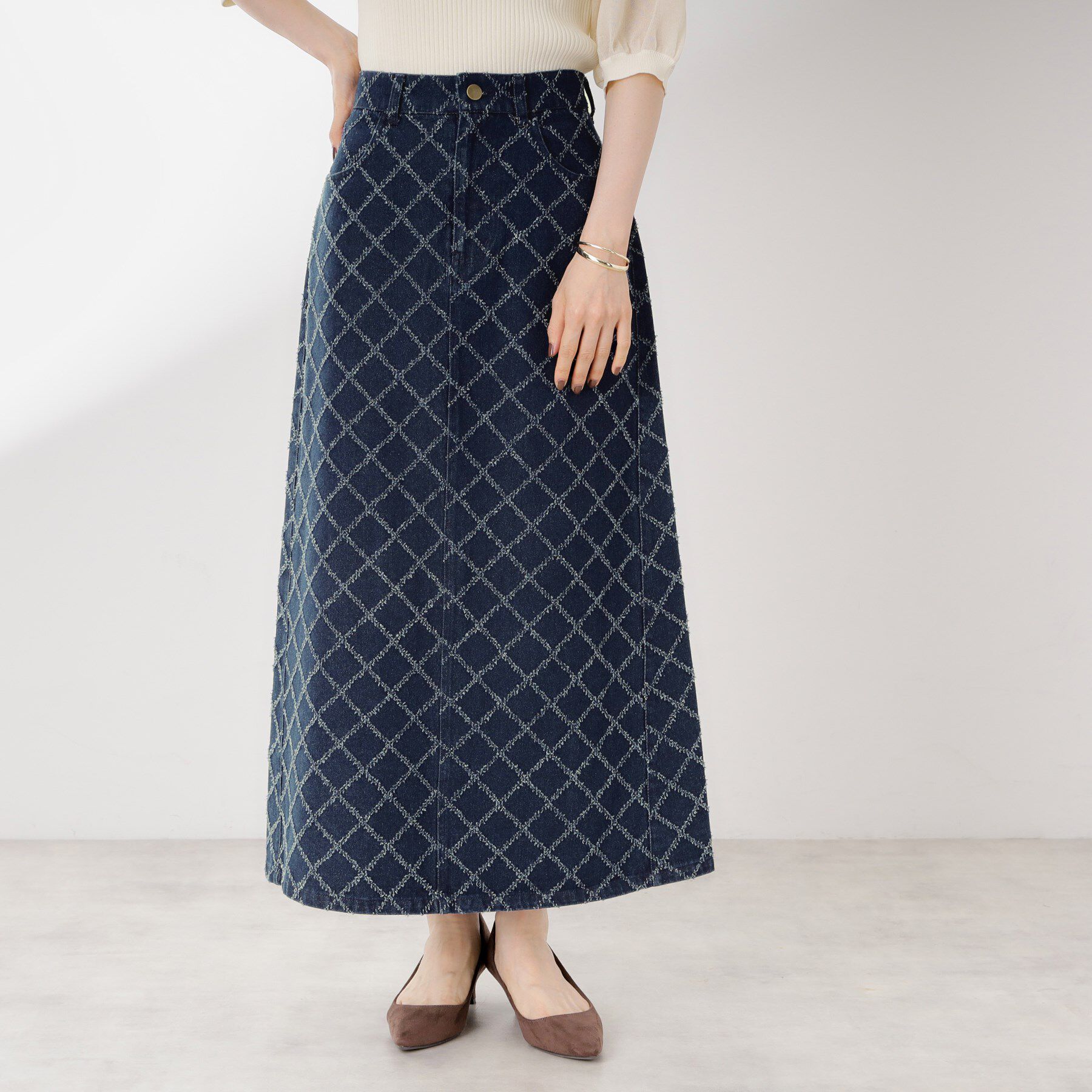 THE SHOP TK「ジャカードデニムロングスカート【洗濯機OK】」|スカート|ネイビー(094)