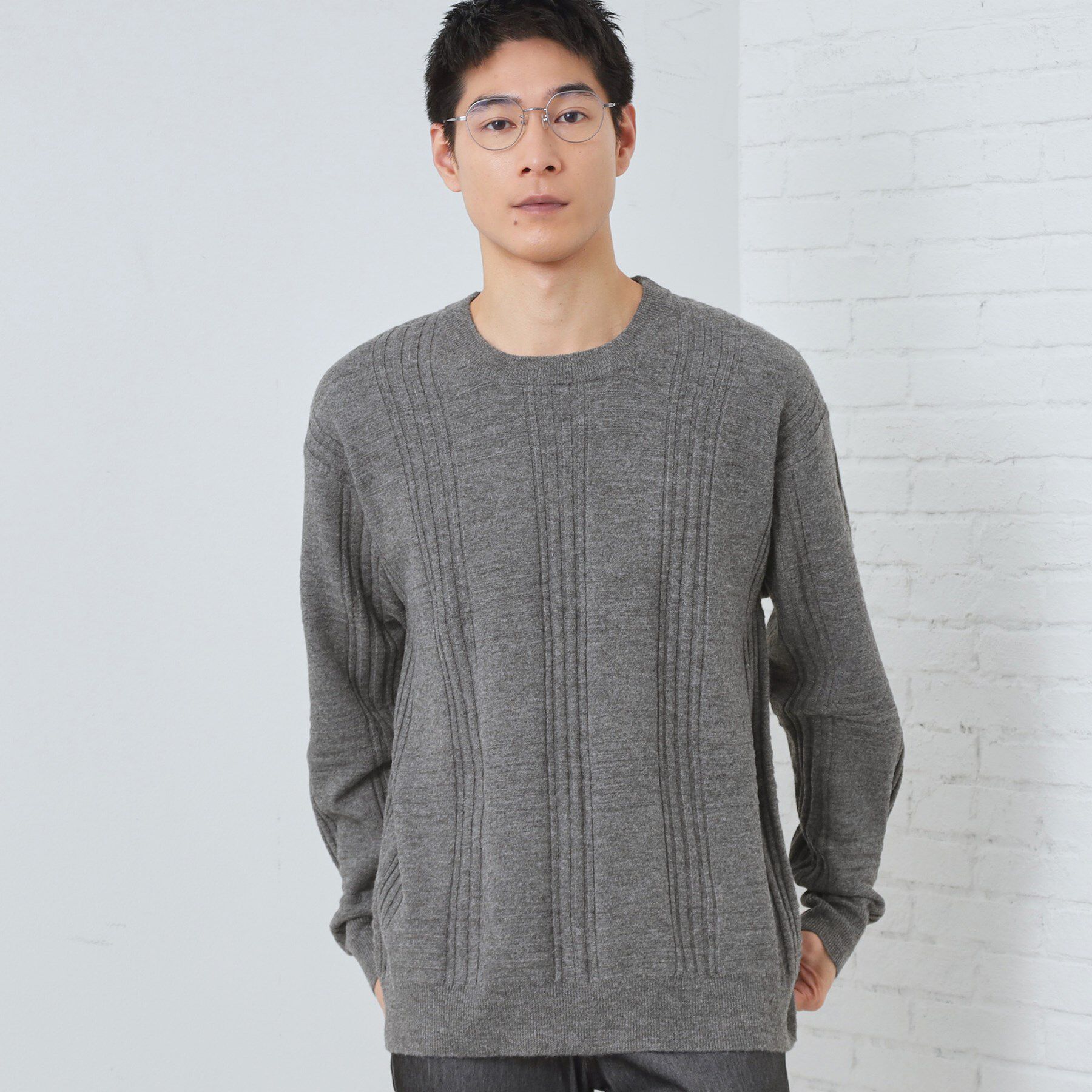 THE SHOP TK「【優しい肌触り】カシミヤタッチ チェックニット　洗濯機OK」|ニット・セーター|グレー(012)