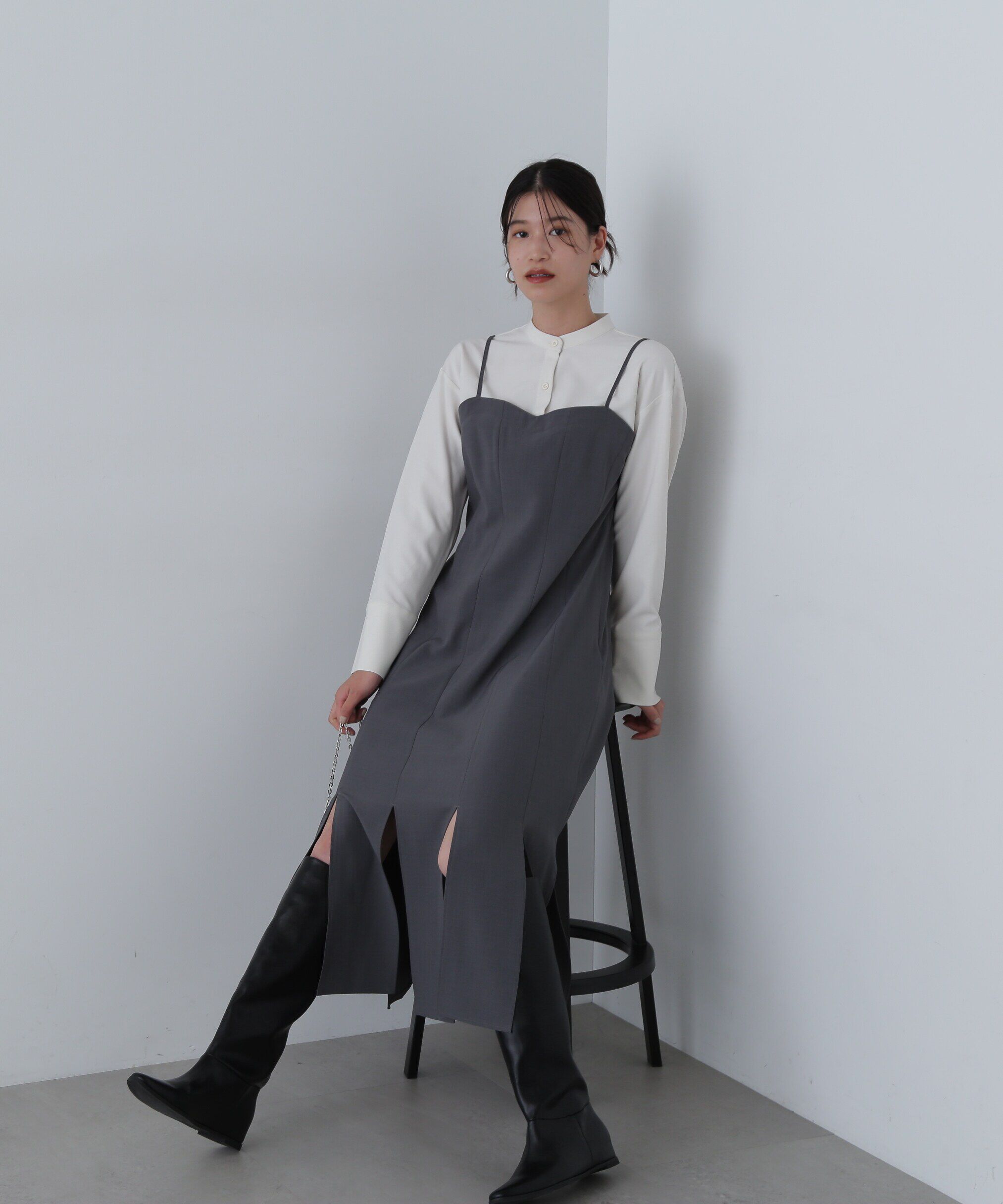  「フリンジヘムシャツワンピース」|ワンピース|グレーベース1