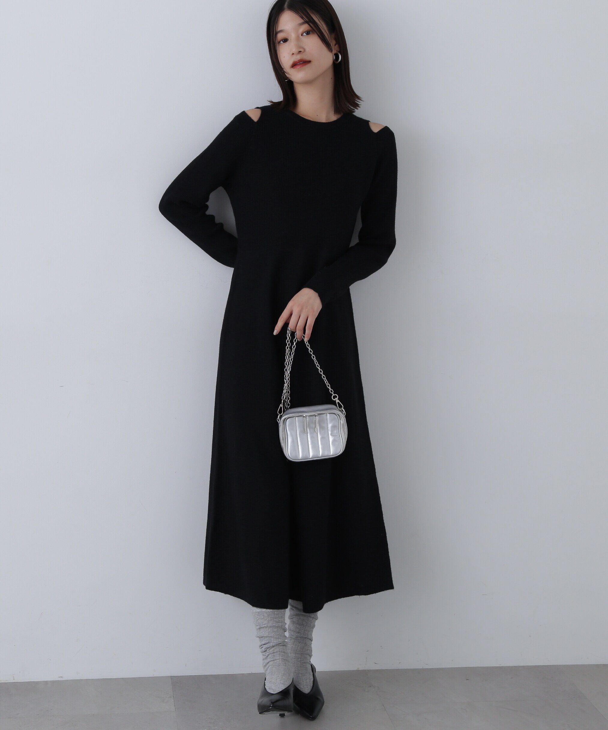  「オープンショルダーニットワンピース」|ワンピース|ブラック