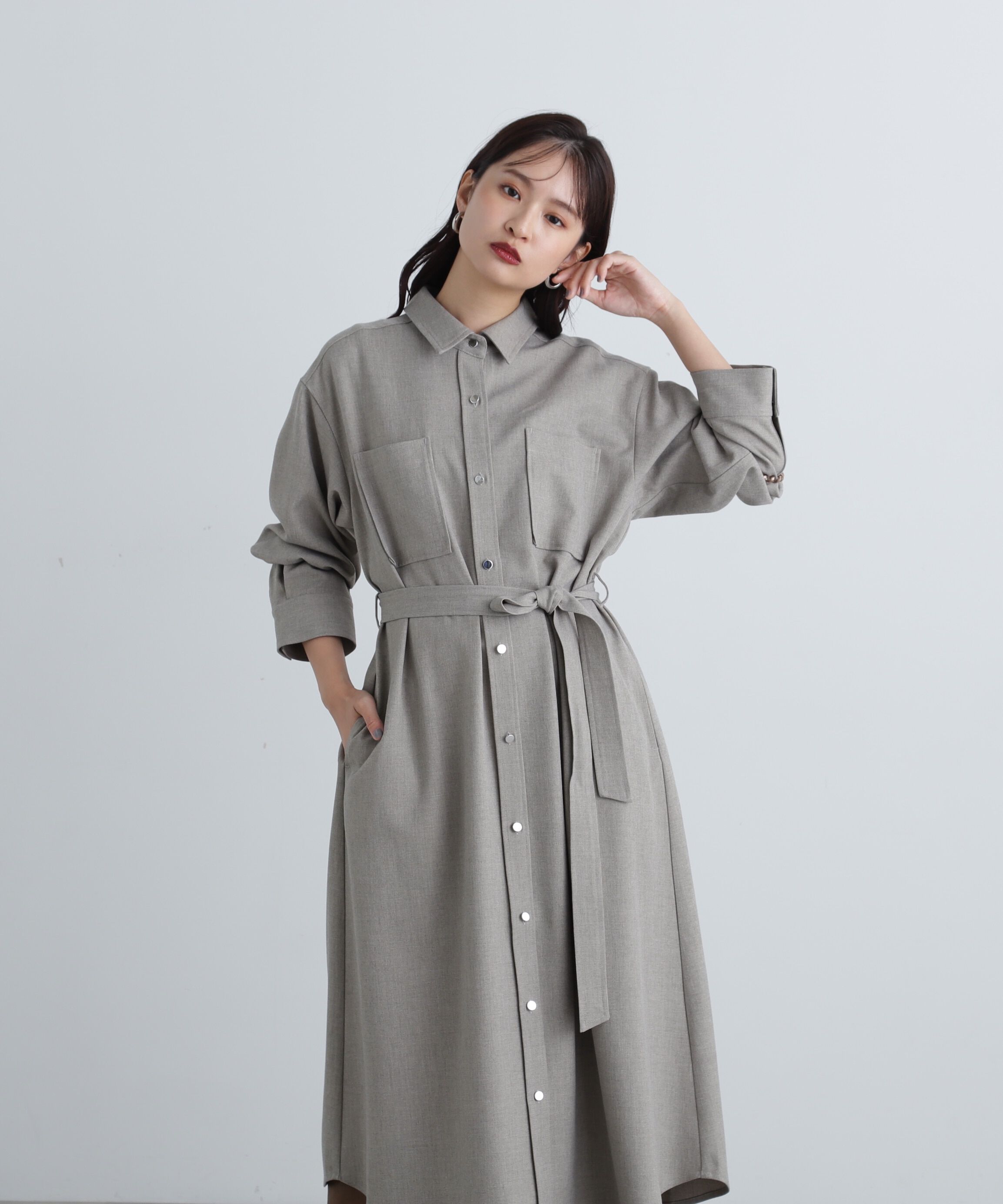  「リボンベルト付シャツワンピース」|ワンピース|