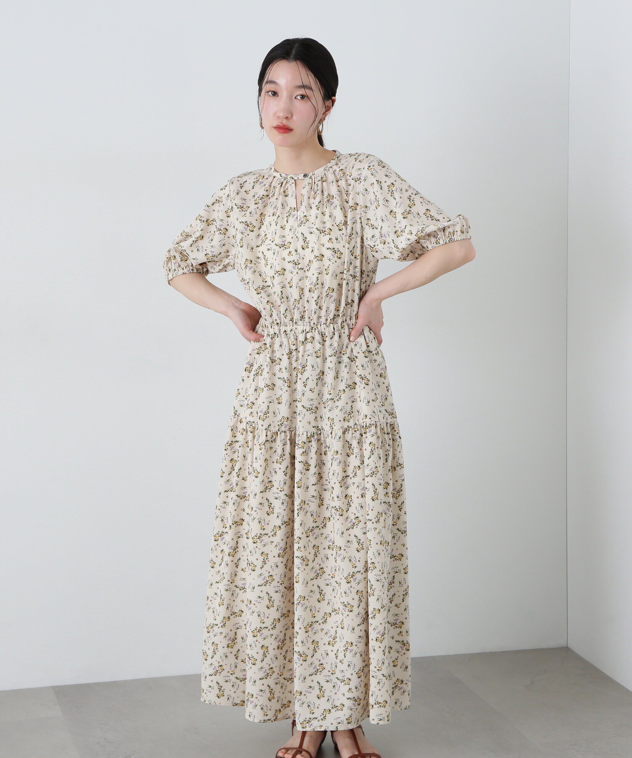  「小花柄ワンピース」|ワンピース|ベージュ2