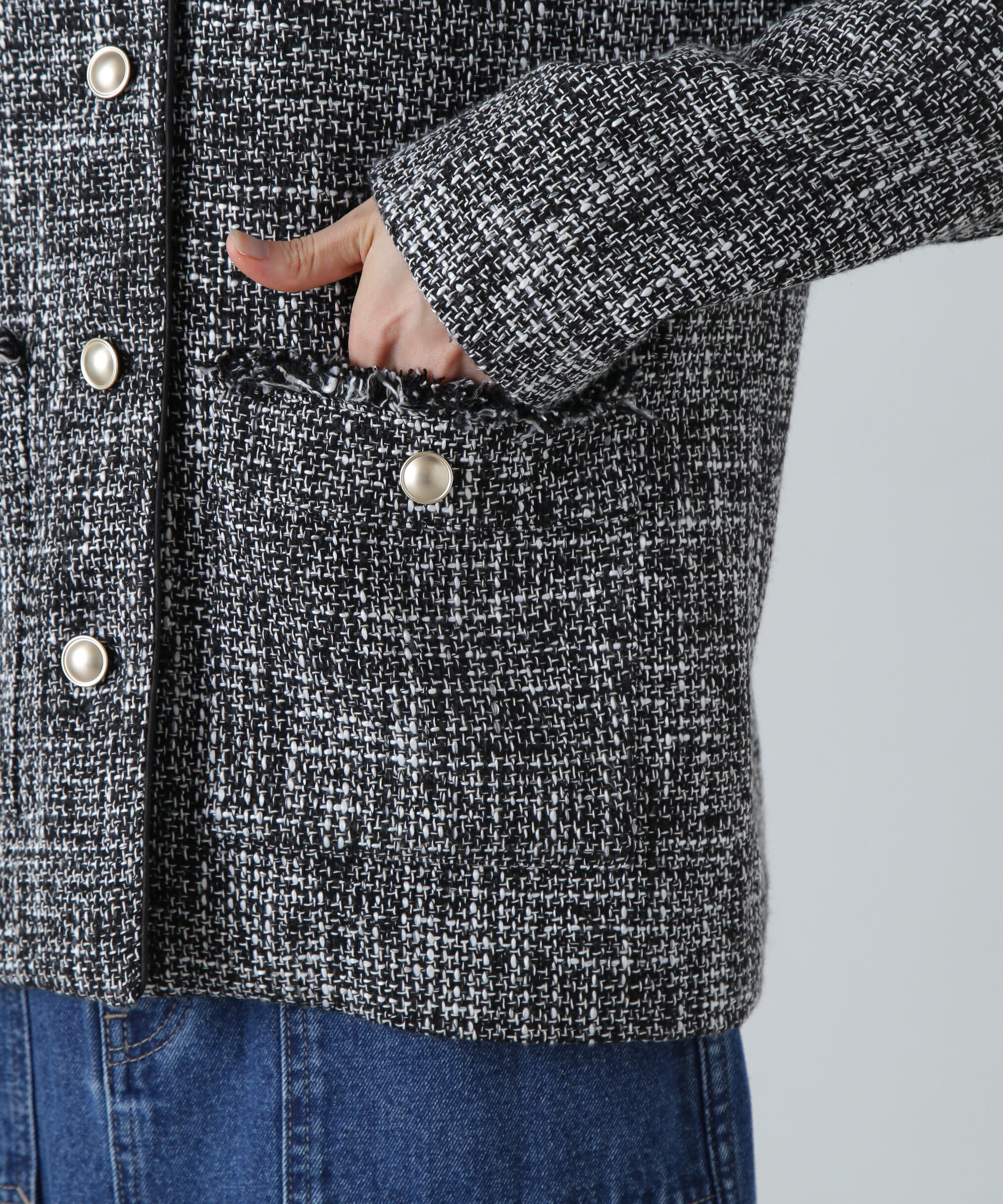  「パイピングノーカラーツイードブルゾン」|ブルゾン・スタジャン|