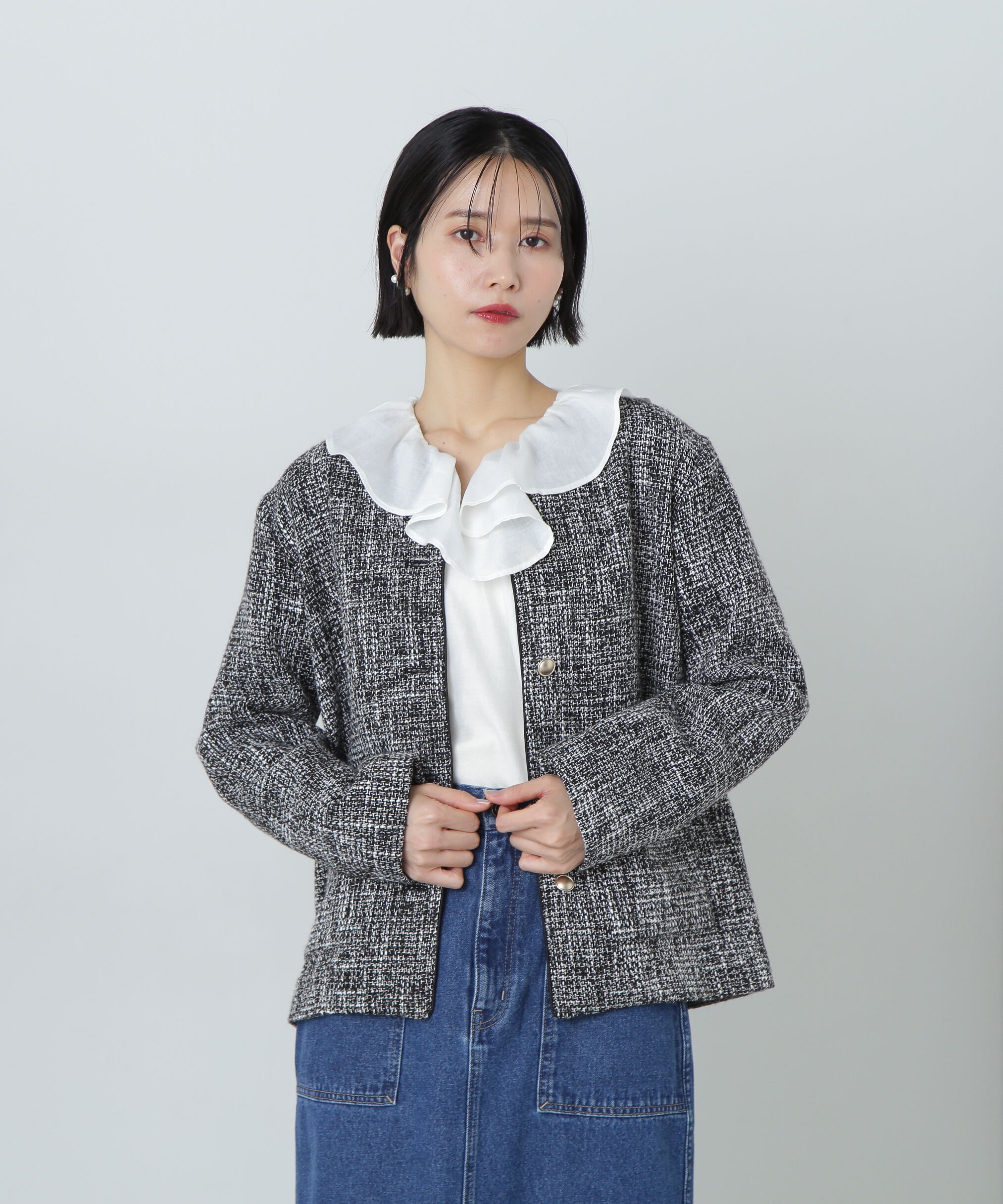  「パイピングノーカラーツイードブルゾン」|ブルゾン・スタジャン|