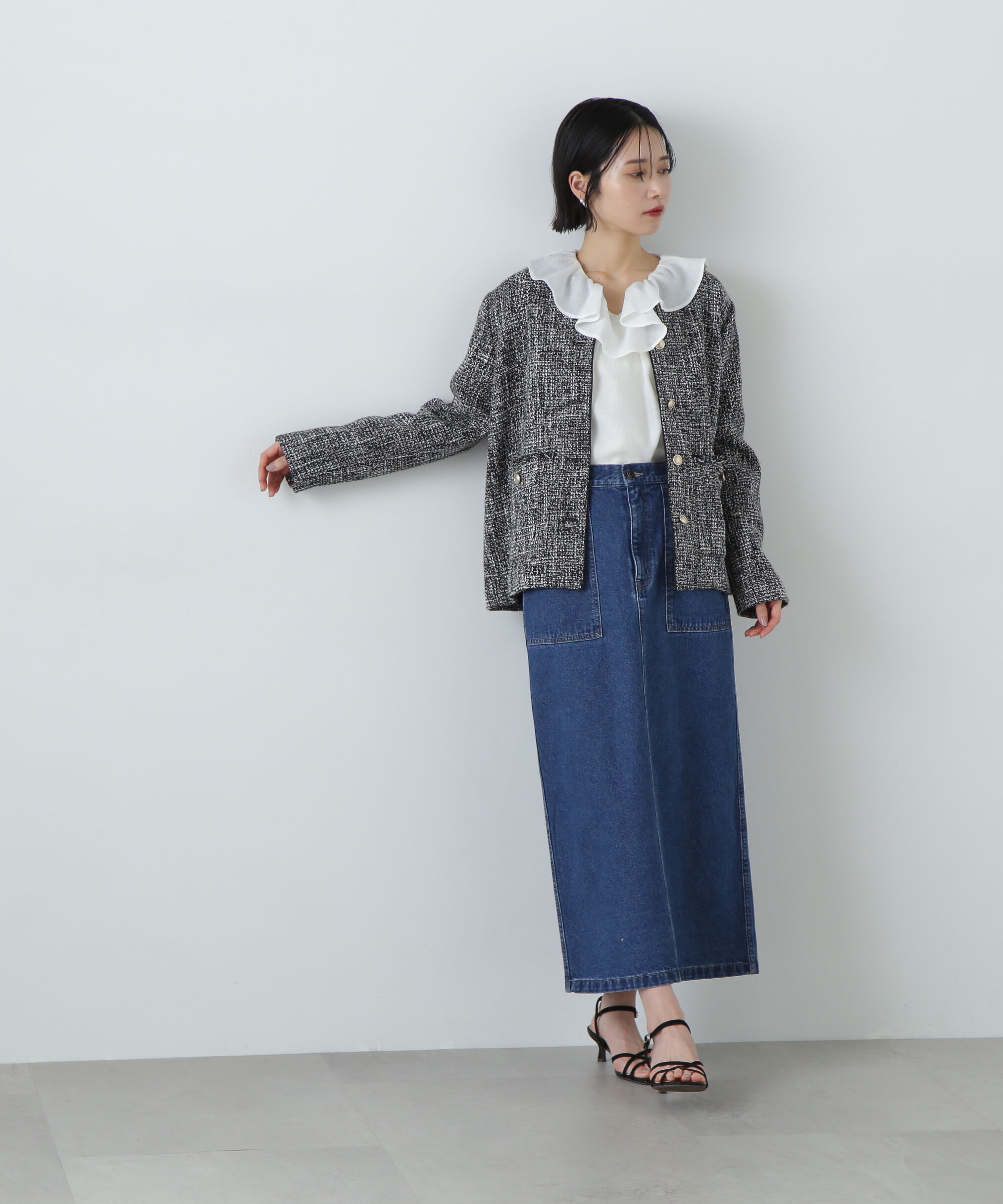  「パイピングノーカラーツイードブルゾン」|ブルゾン・スタジャン|