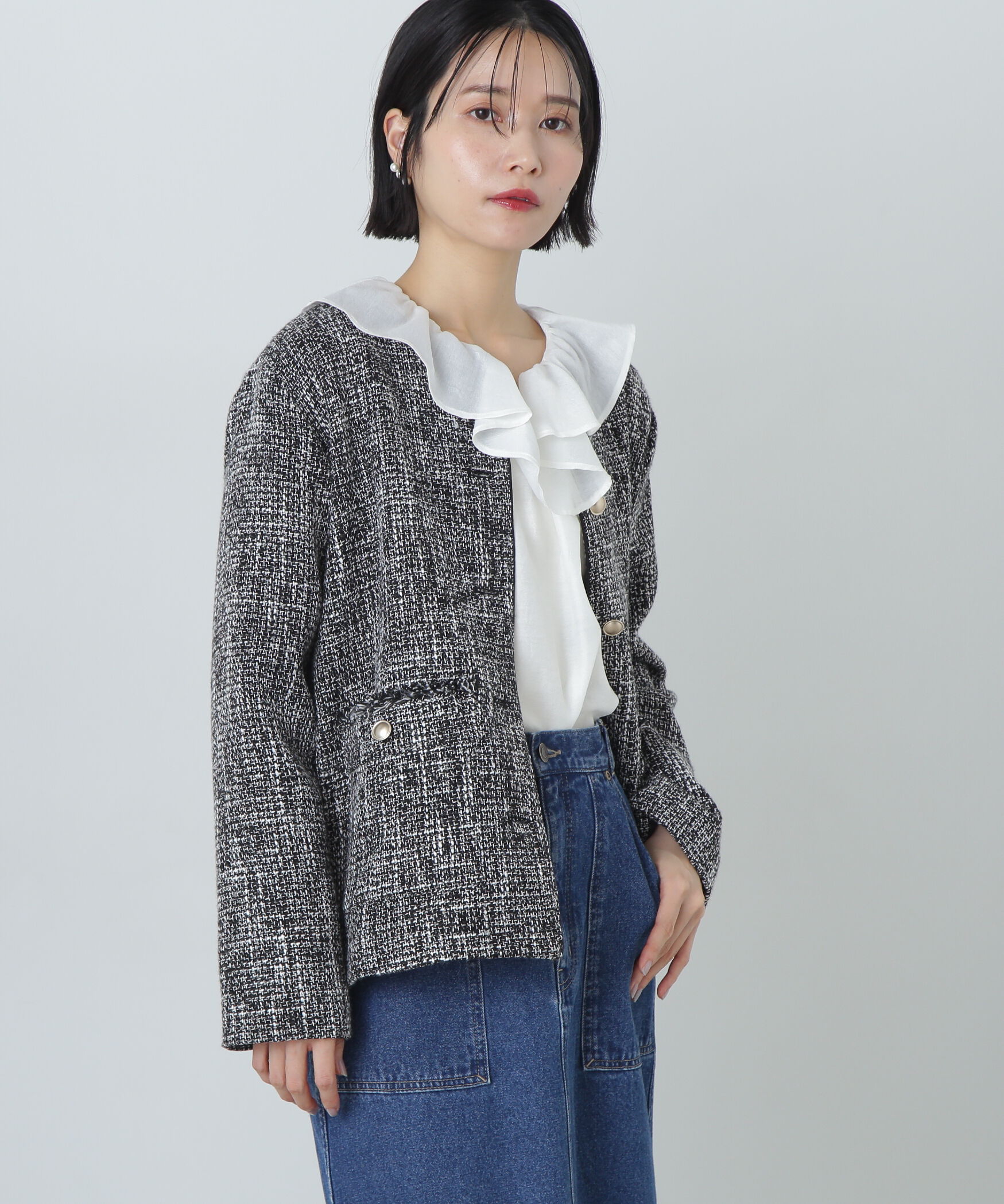  「パイピングノーカラーツイードブルゾン」|ブルゾン・スタジャン|