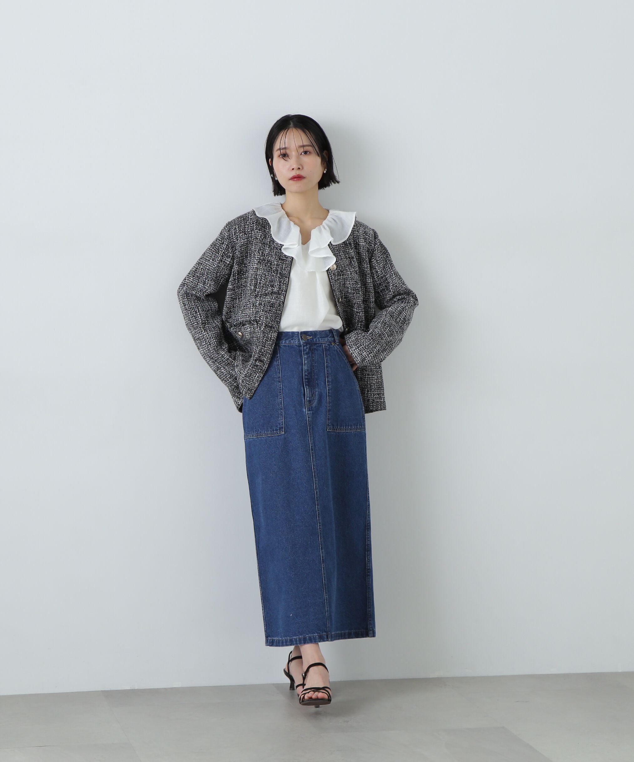  「パイピングノーカラーツイードブルゾン」|ブルゾン・スタジャン|