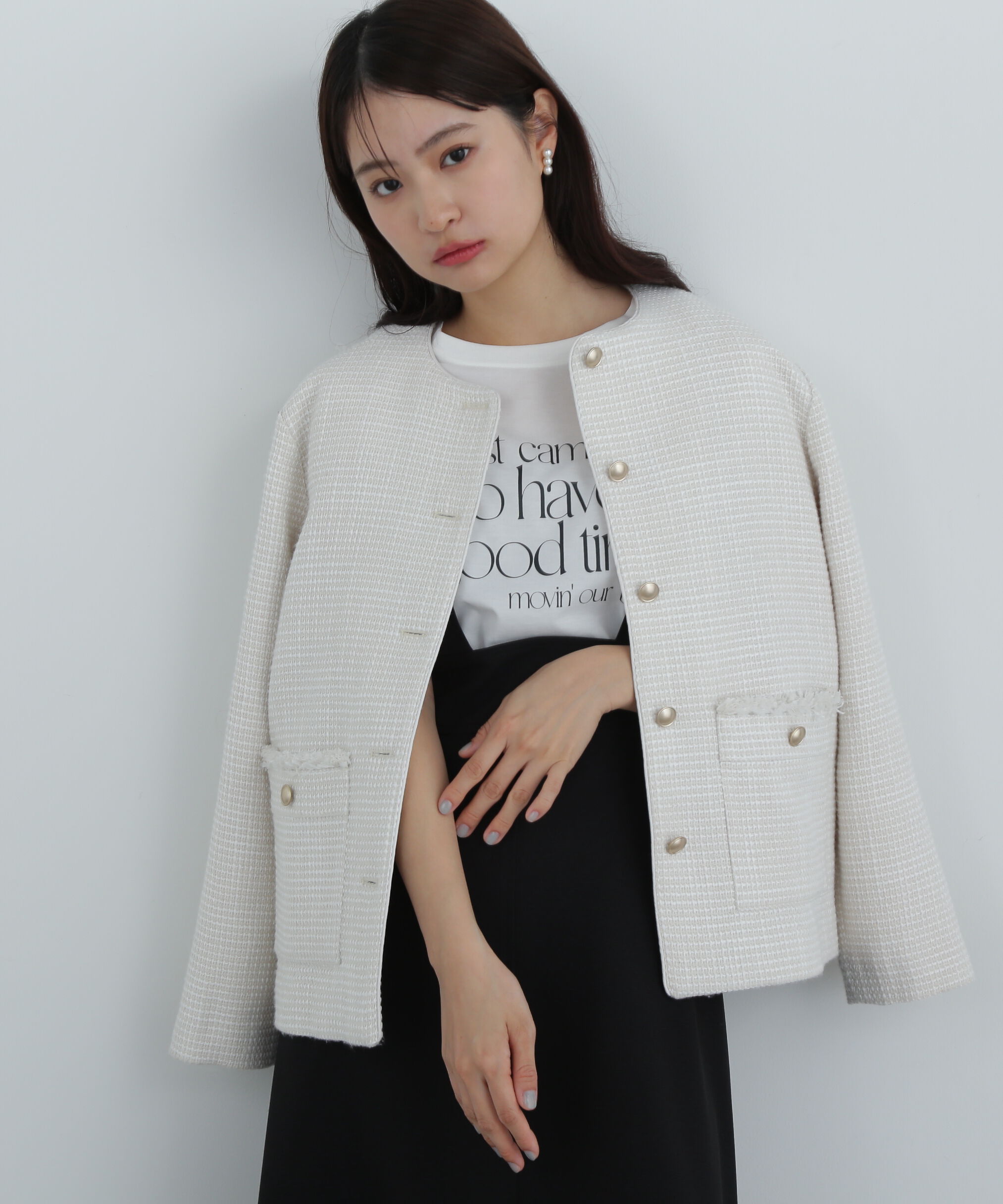  「パイピングノーカラーツイードブルゾン」|ブルゾン・スタジャン|オフ1