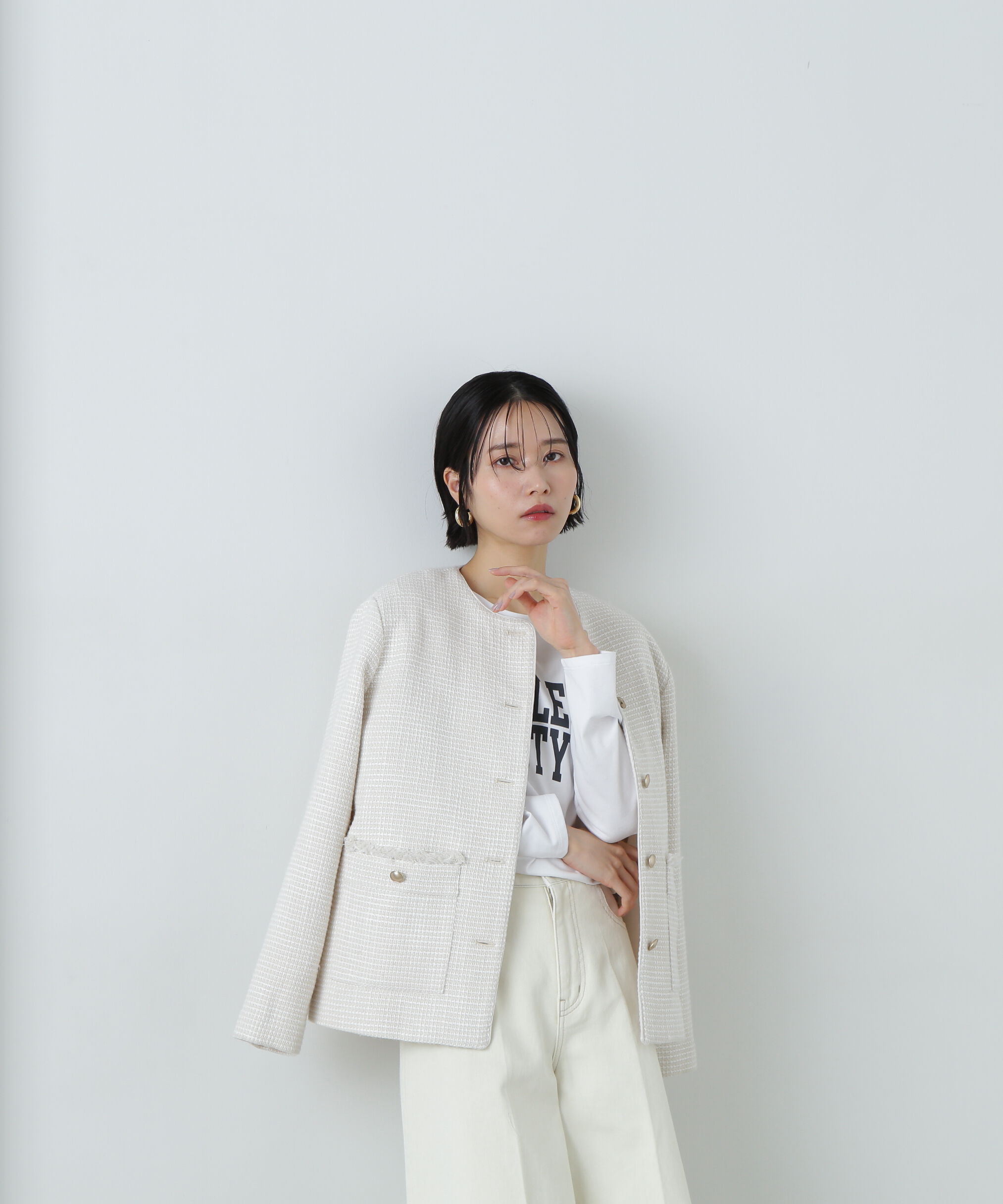  「パイピングノーカラーツイードブルゾン」|ブルゾン・スタジャン|