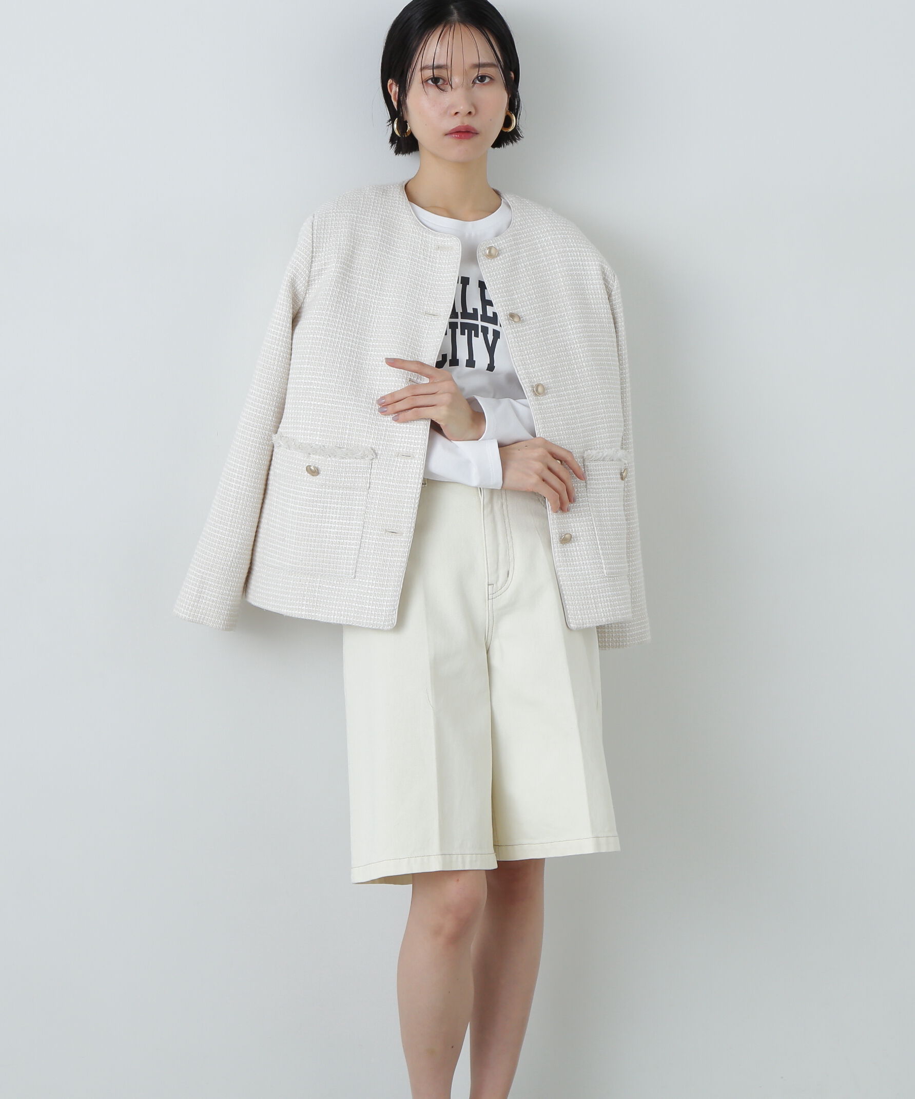  「パイピングノーカラーツイードブルゾン」|ブルゾン・スタジャン|