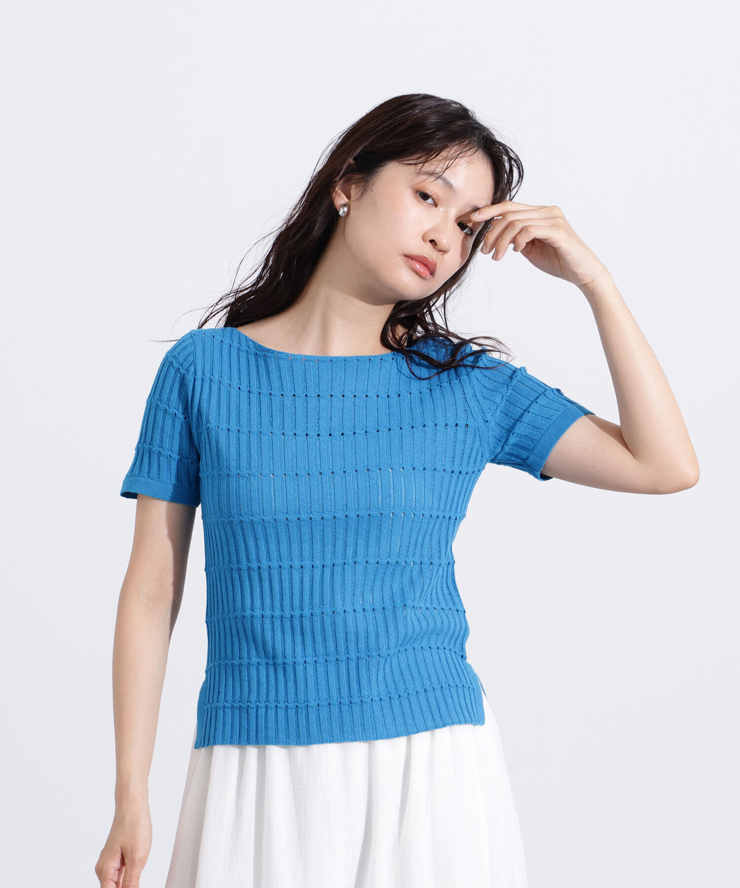  「ハリヌキ変形リブニット」|ニット・セーター|ブルー