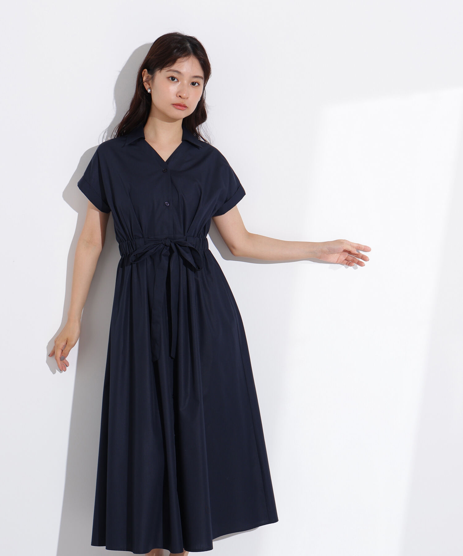  「オープンカラーシャツワンピース」|ワンピース|ネイビー