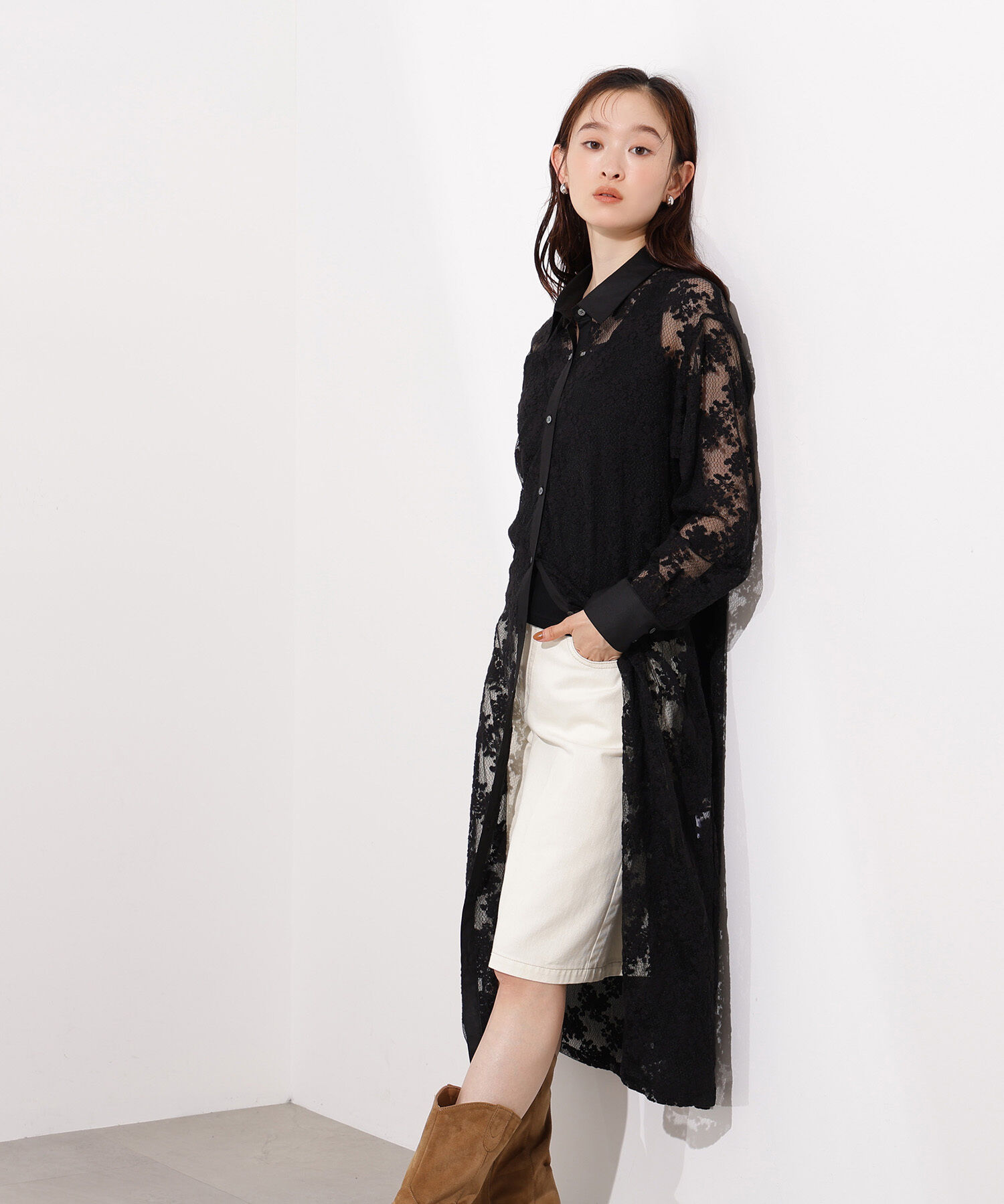  「レースクレリックシャツワンピース」|ワンピース|ブラック