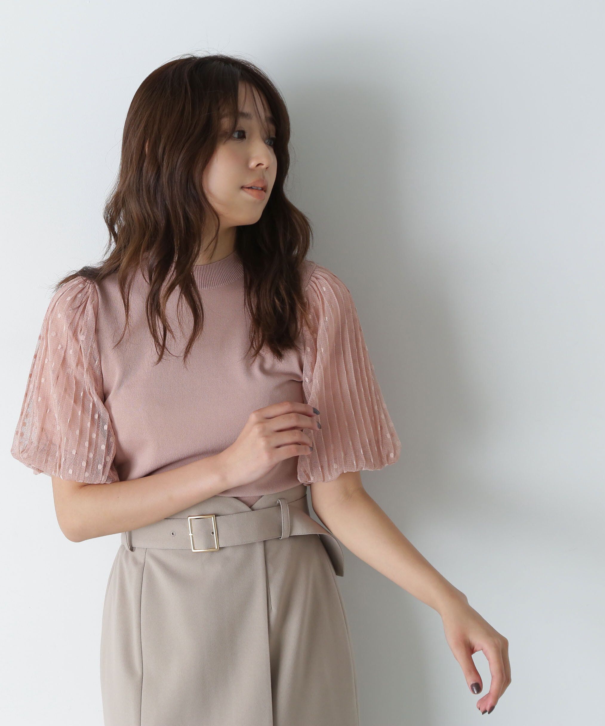  「ドットチュールスリーブニット」|ニット・セーター|ピンク