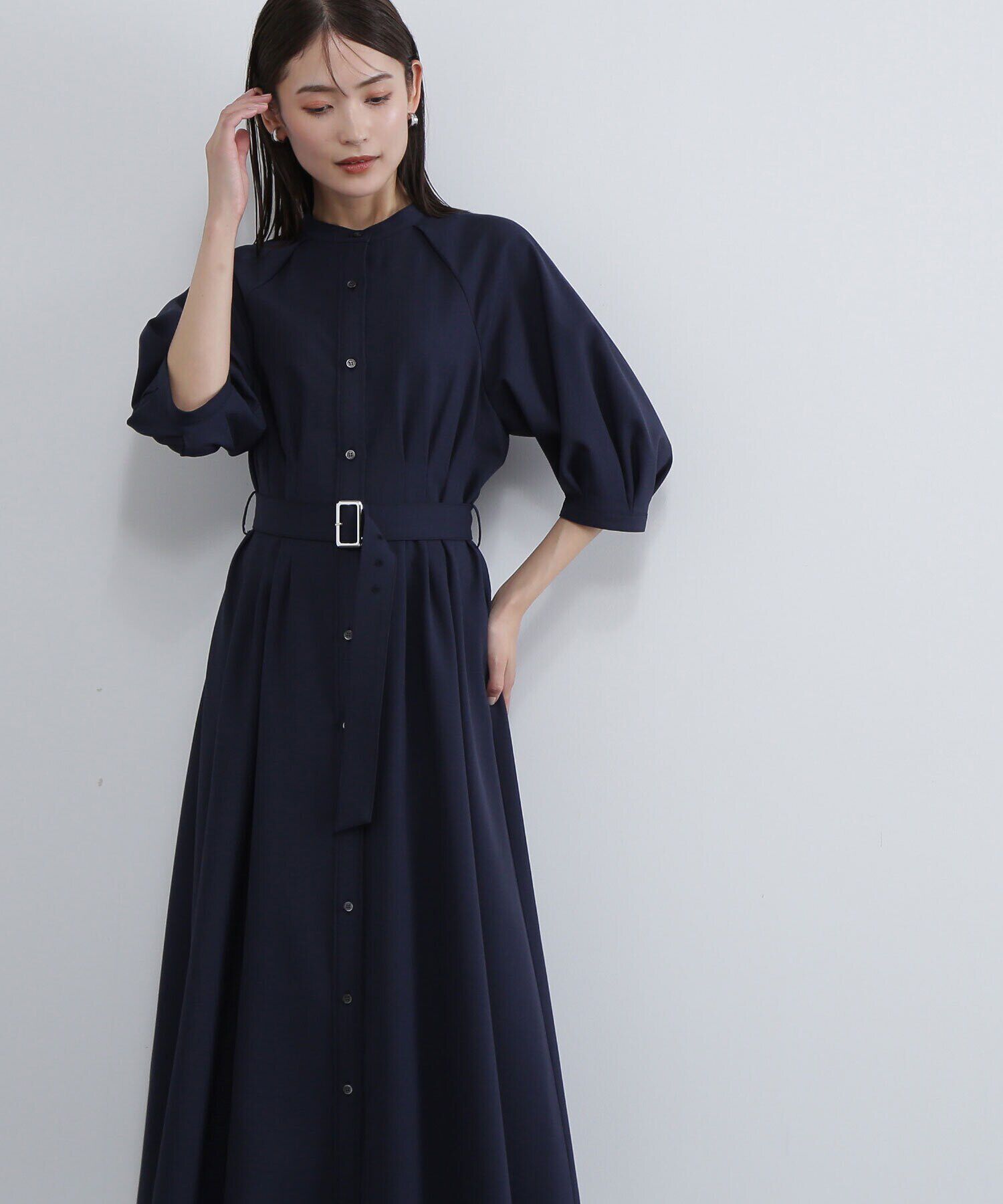  「ベルテッドフォルムスリーブワンピース」|ワンピース|ネイビー
