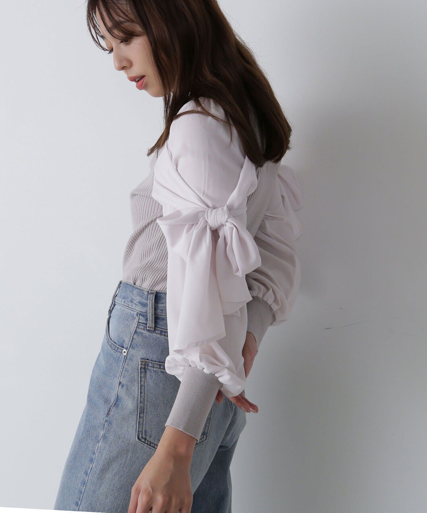  「リボンスリーブドッキングニット　24AW」|ニット・セーター|グレー