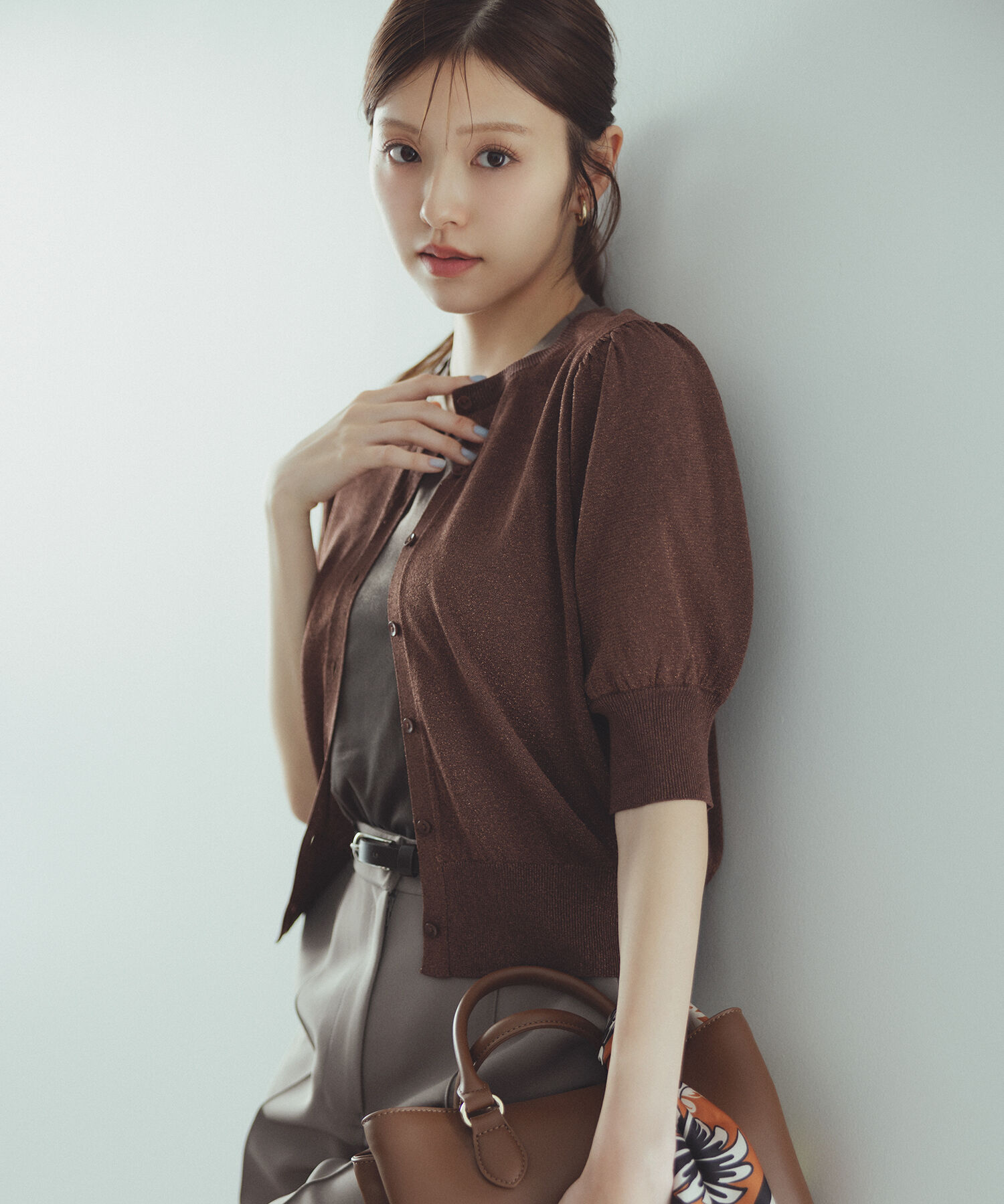  「ハーフスリーブラメカーディガン」|ニット・セーター|ブラウン