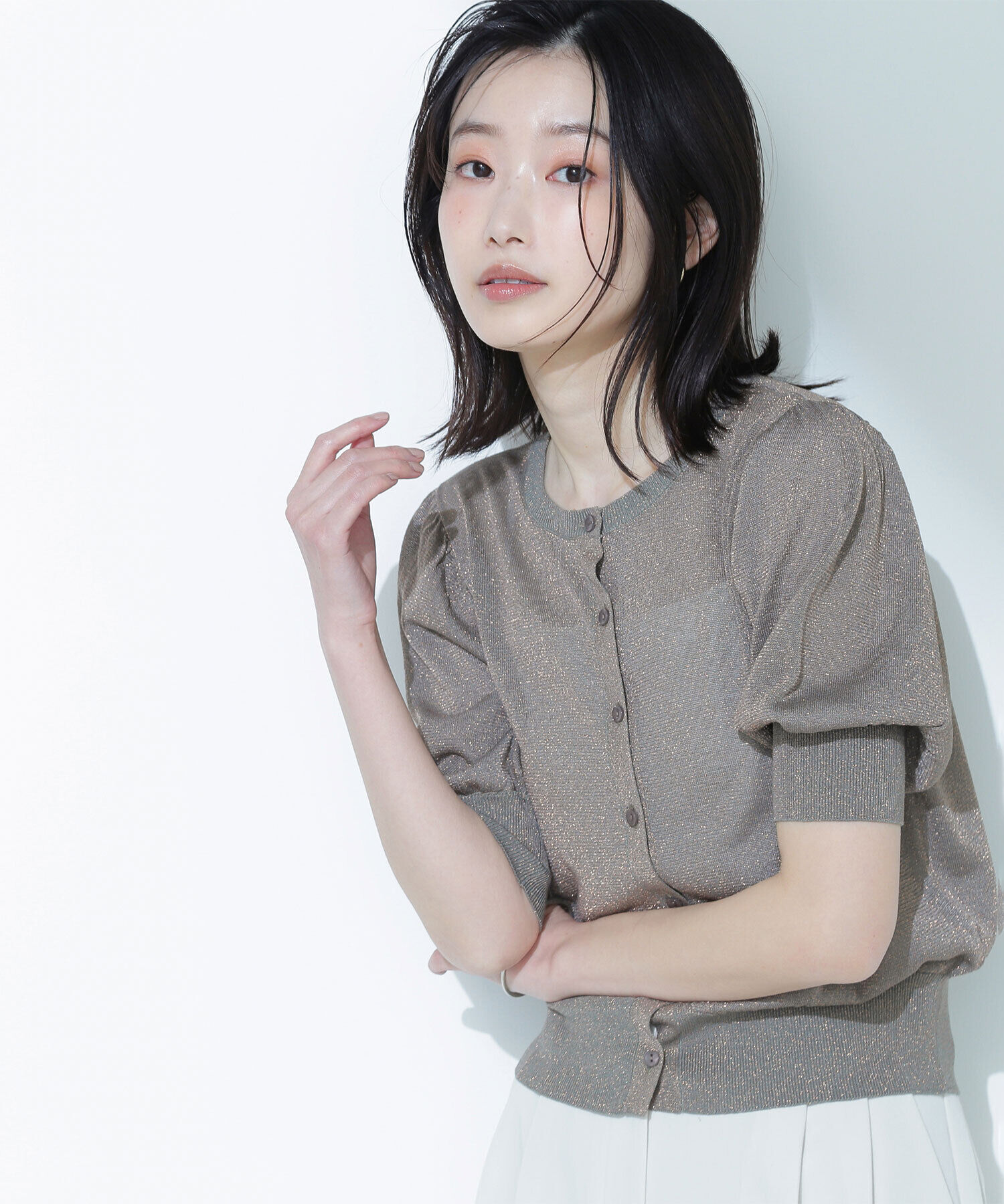  「ハーフスリーブラメカーディガン」|ニット・セーター|カーキ