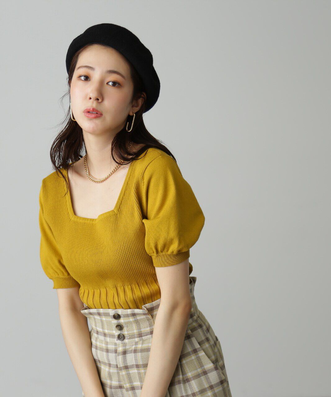  「スクエアネックボリュームスリーブ半袖ニット」|ニット・セーター|