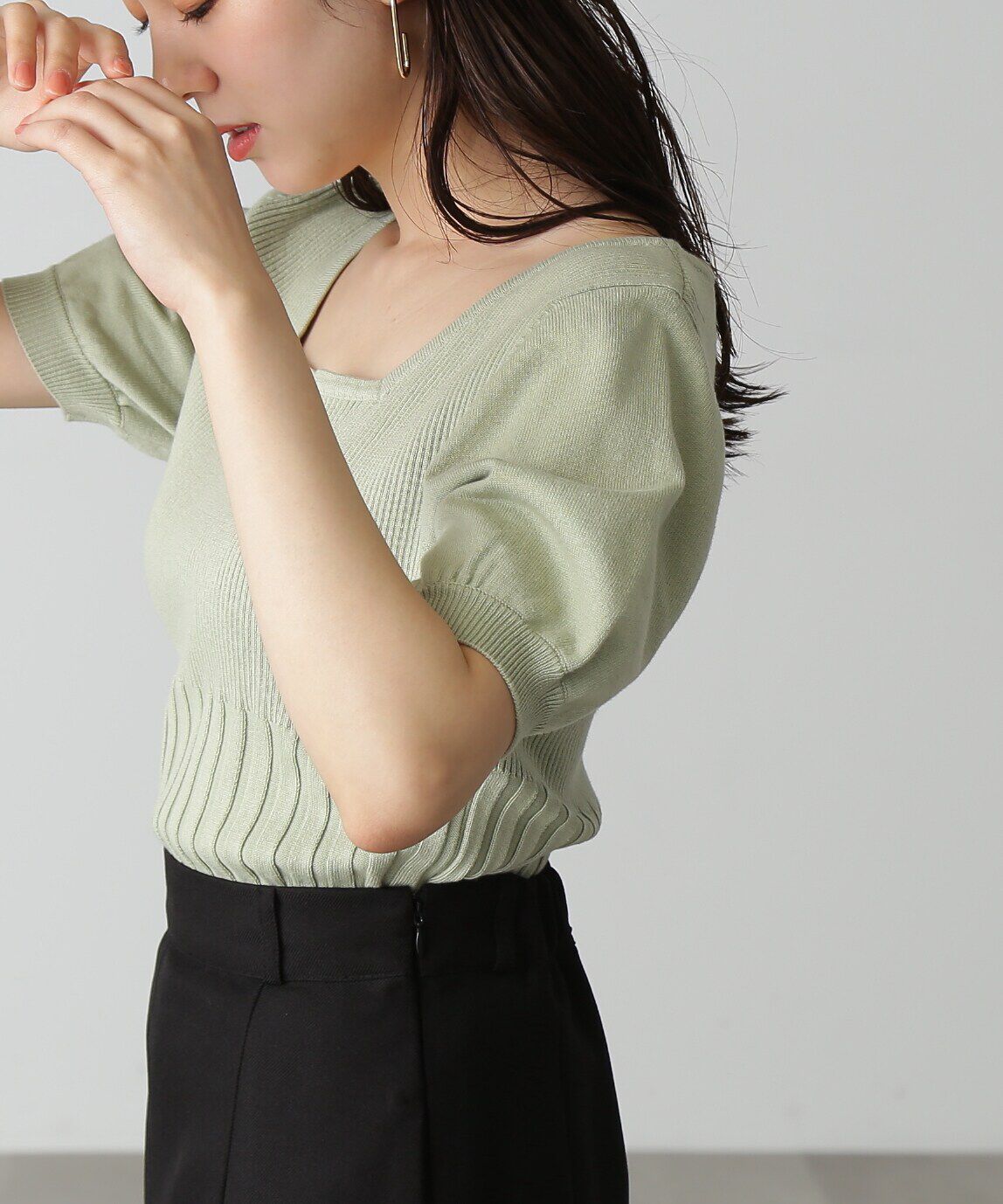  「スクエアネックボリュームスリーブ半袖ニット」|ニット・セーター|