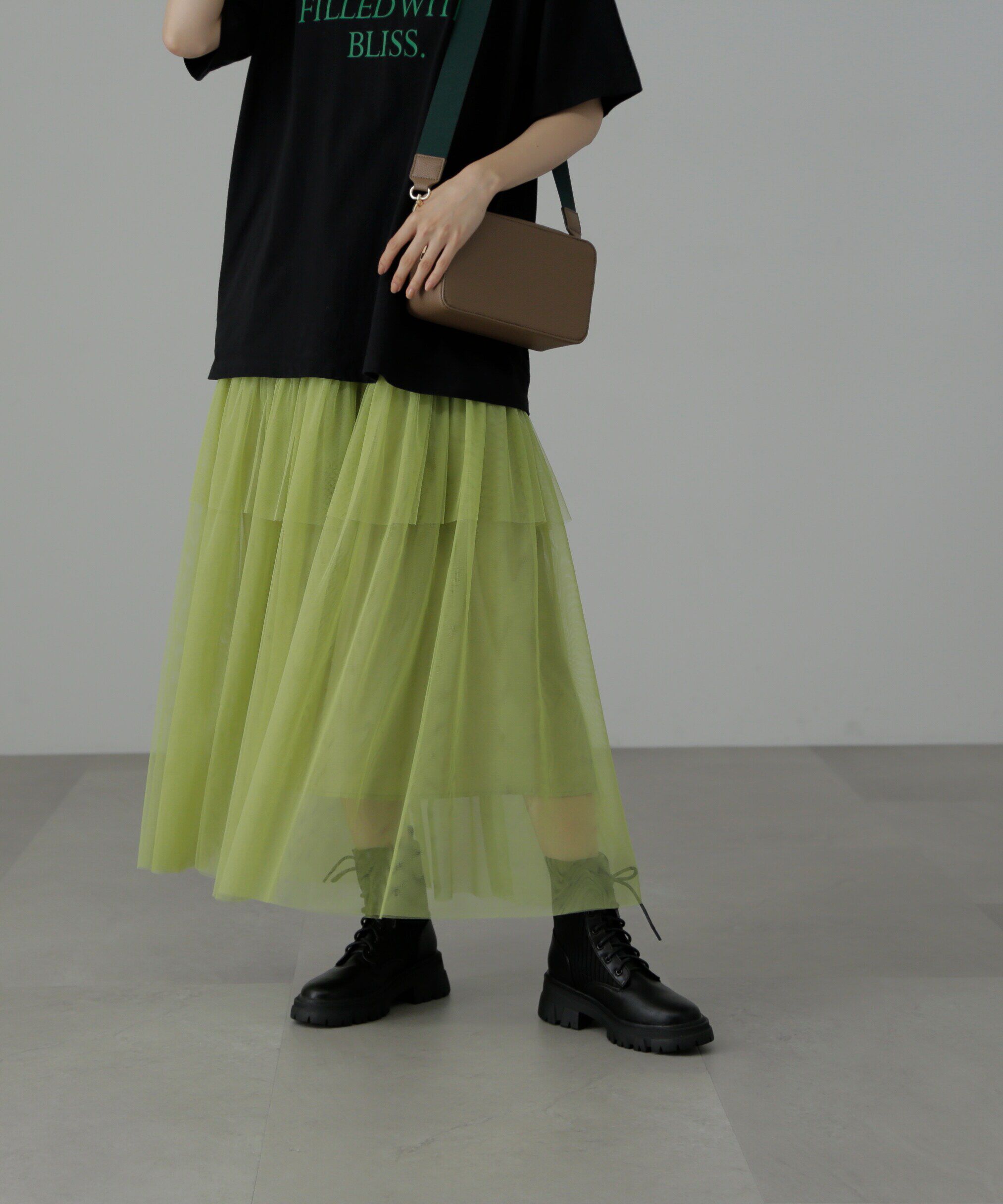  「チュールティアードマキシスカート」|スカート|ライムグリー