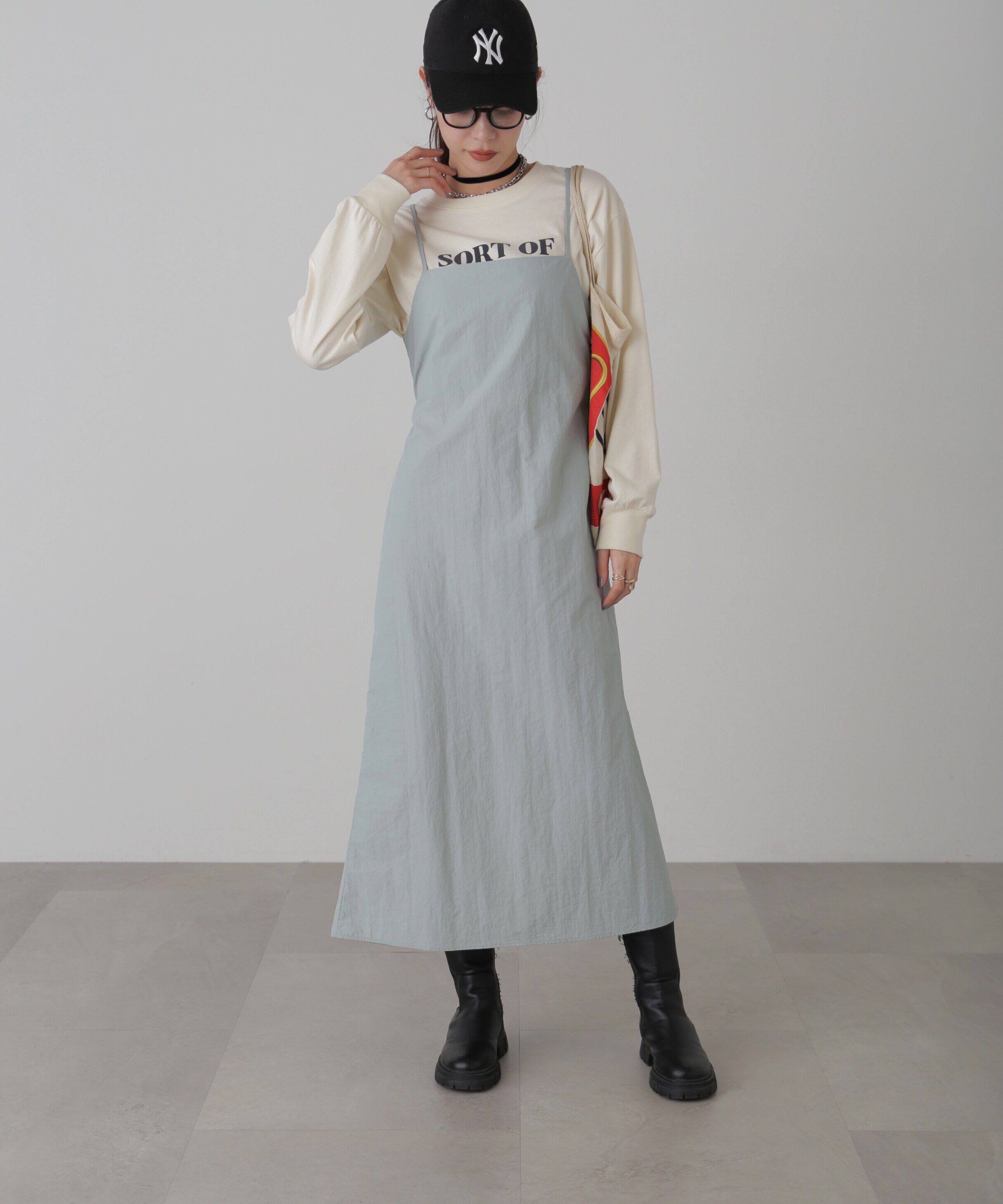  「バックオープンナイロンジャンパースカート」|ワンピース|