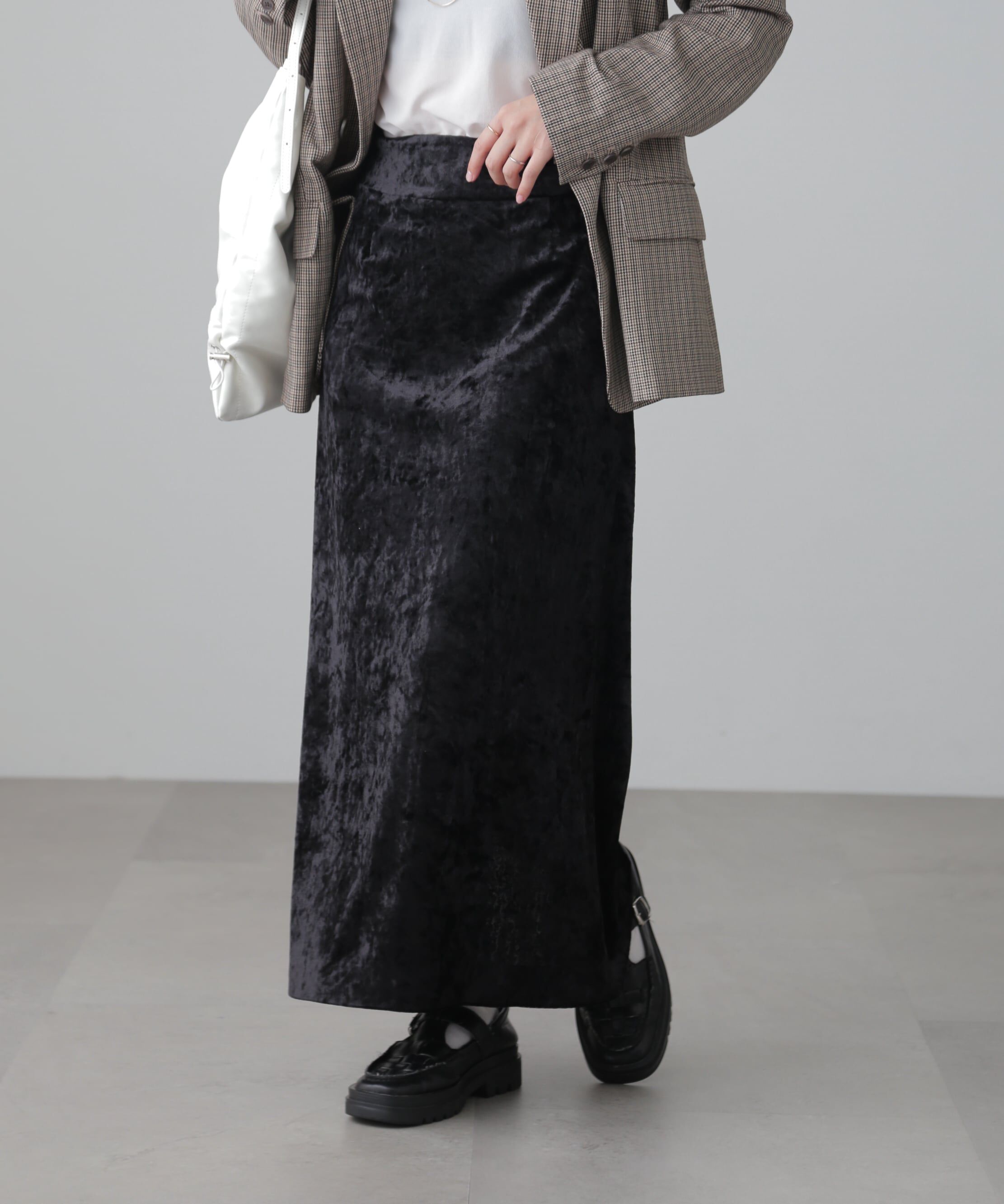  「クラッシュベロアナロースカート」|スカート|ブラック