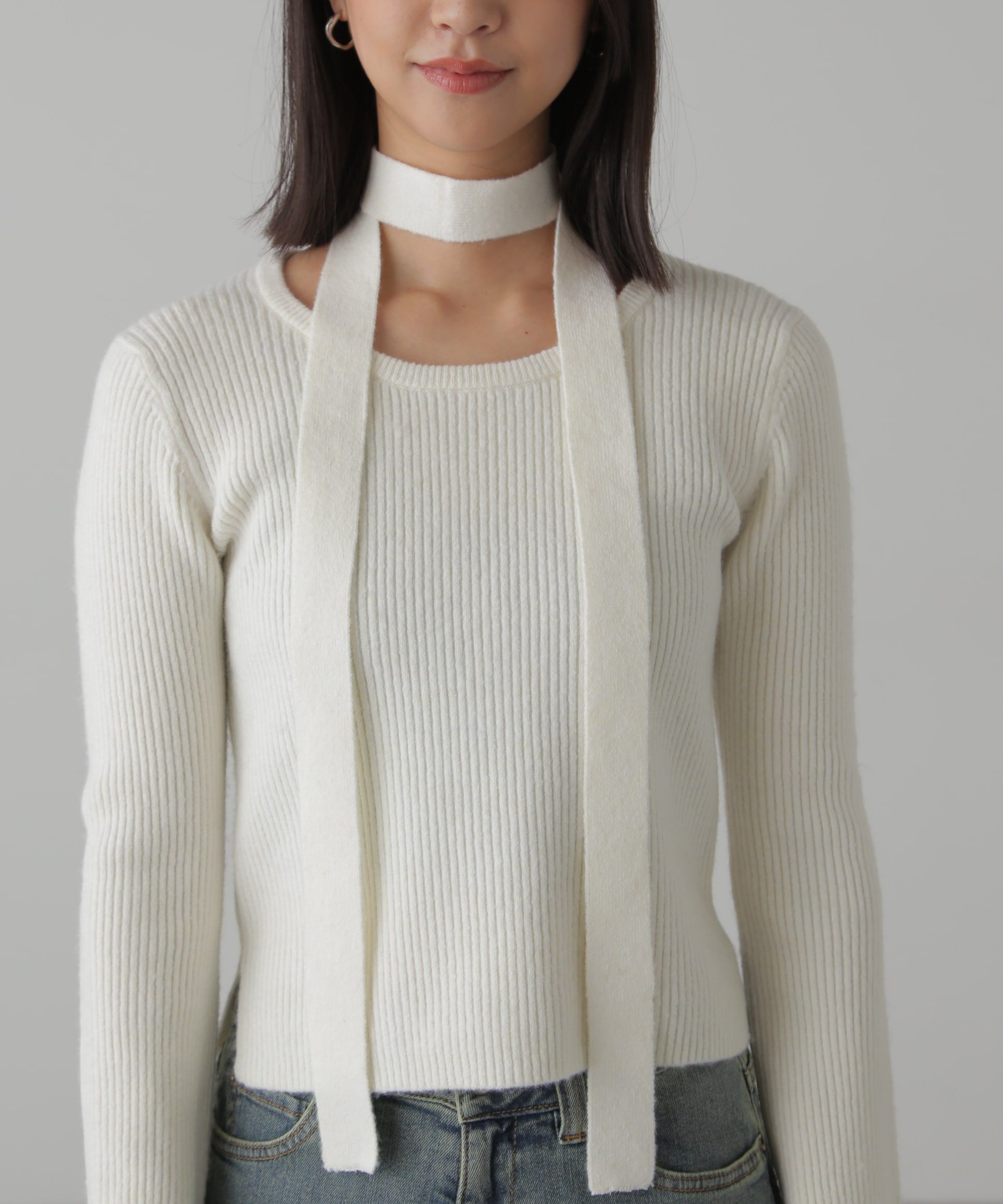  「ボウタイ付きリブニット」|ニット・セーター|