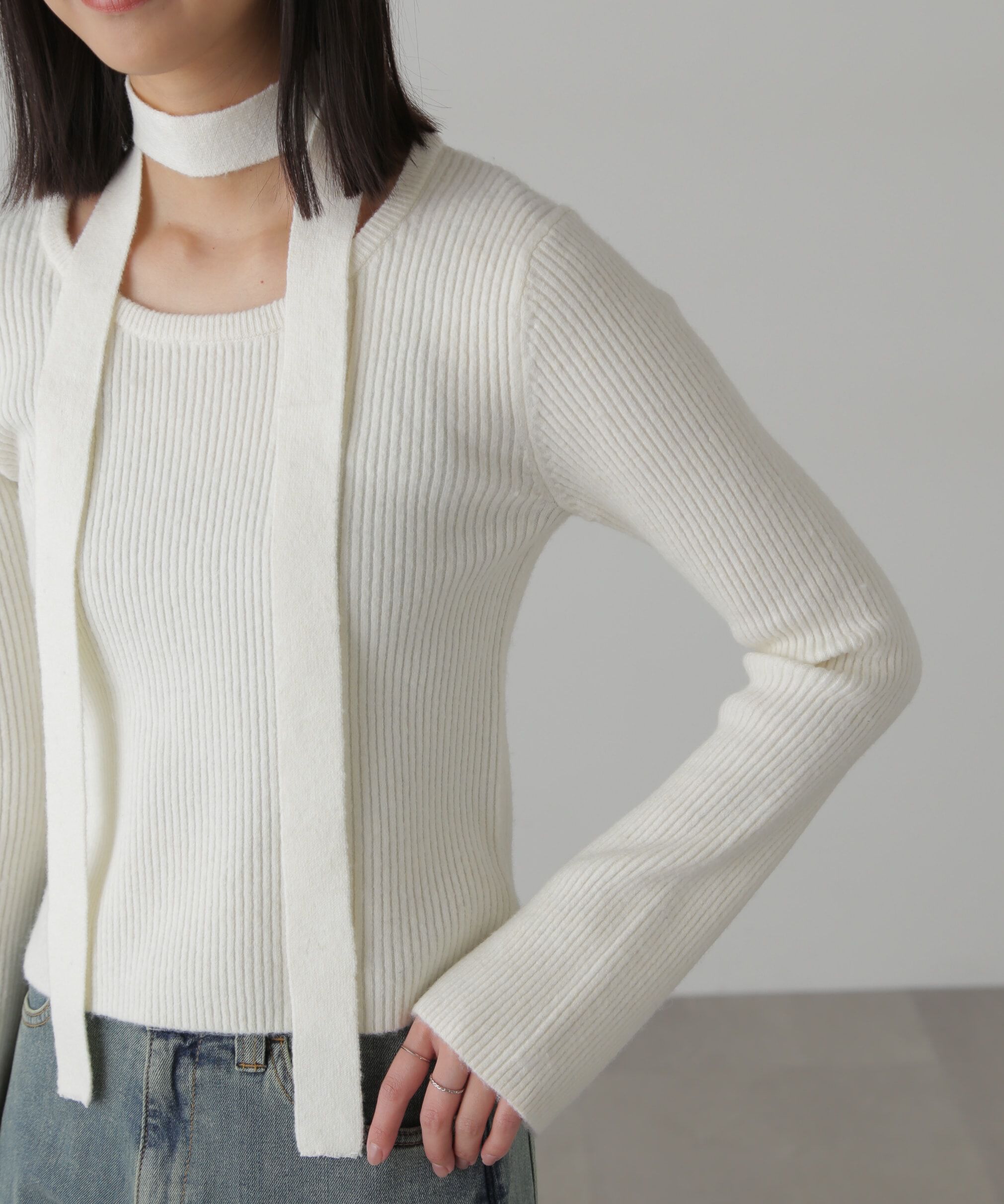  「ボウタイ付きリブニット」|ニット・セーター|