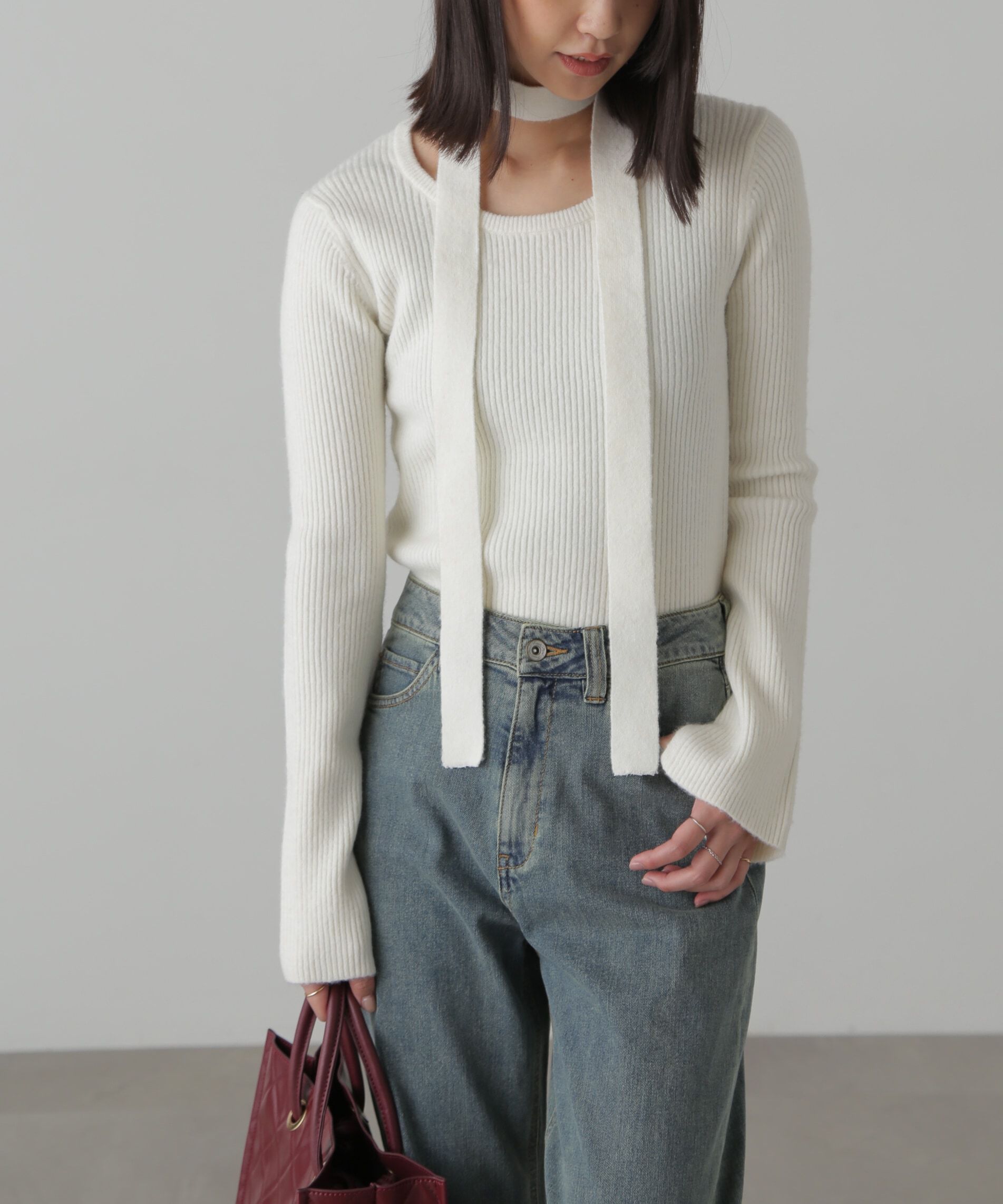  「ボウタイ付きリブニット」|ニット・セーター|