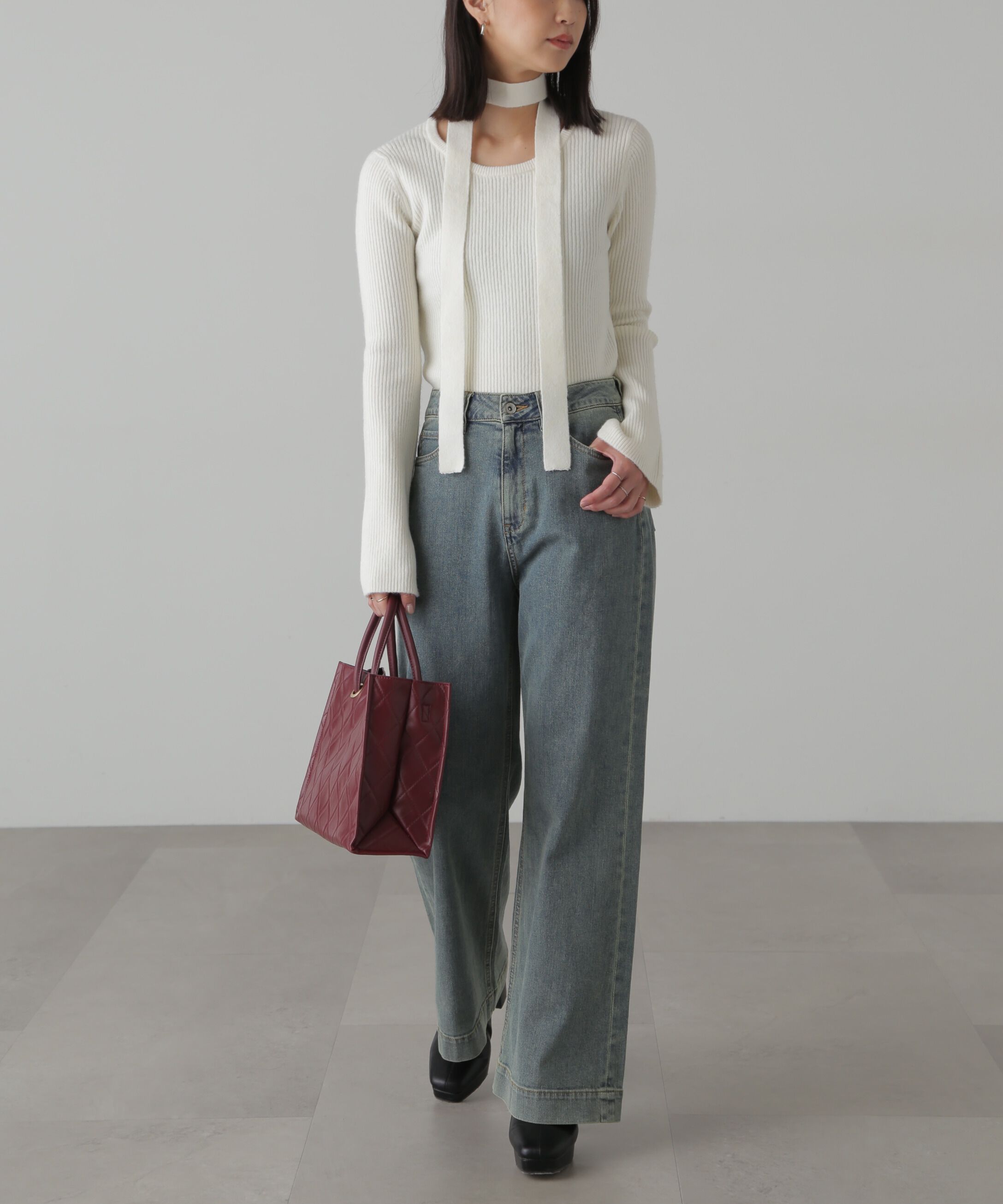  「ボウタイ付きリブニット」|ニット・セーター|