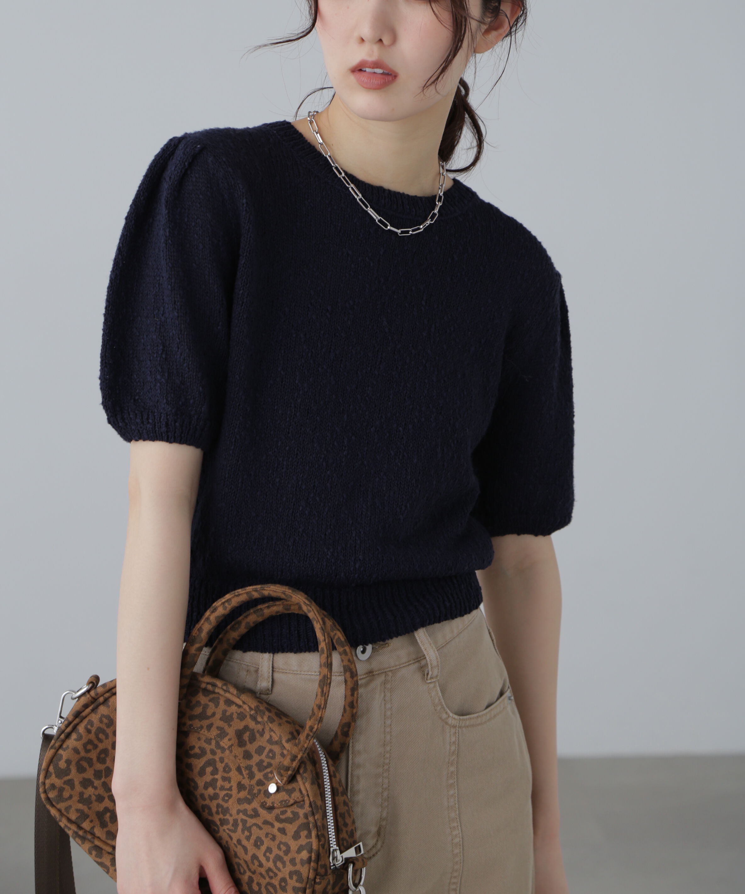  「スラブ編み半袖ニット」|ニット・セーター|ネイビー