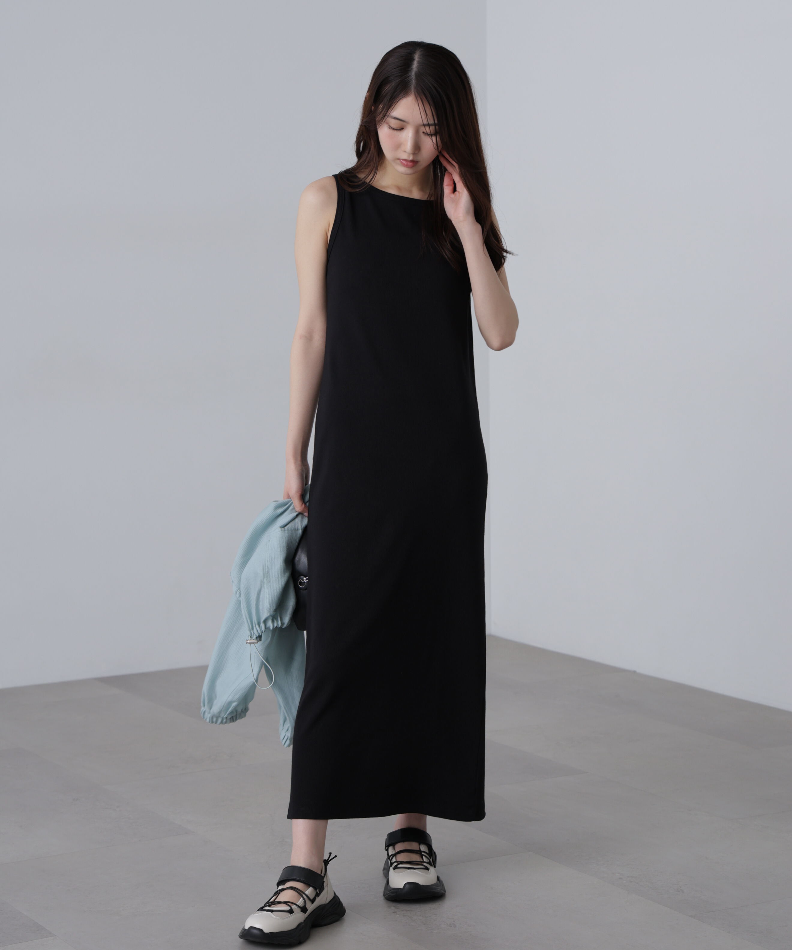  「ボートネックリブタンクトップワンピース」|ワンピース|ブラック