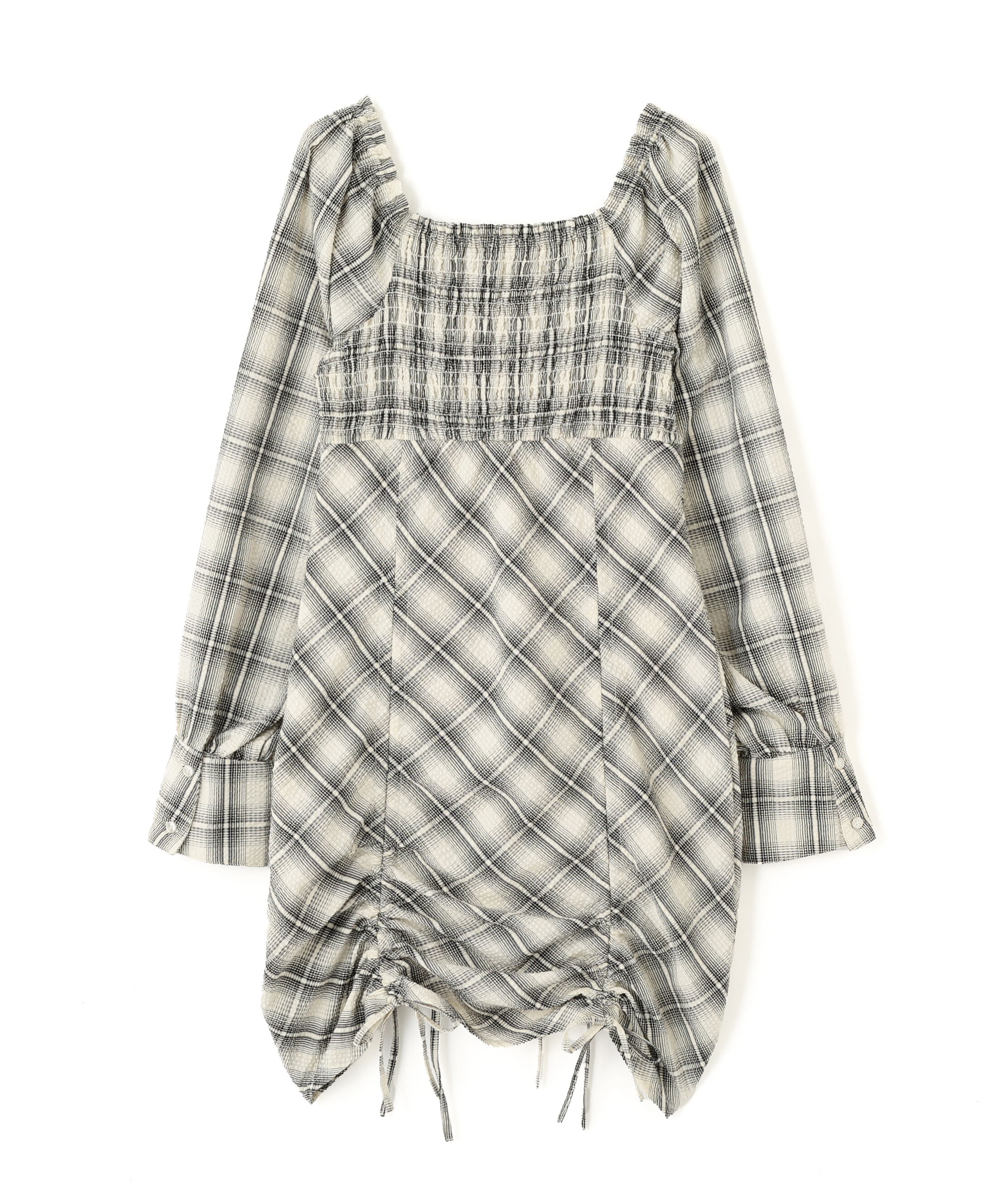  「シャーリングドロストリボンチェックミニワンピース」|ワンピース|