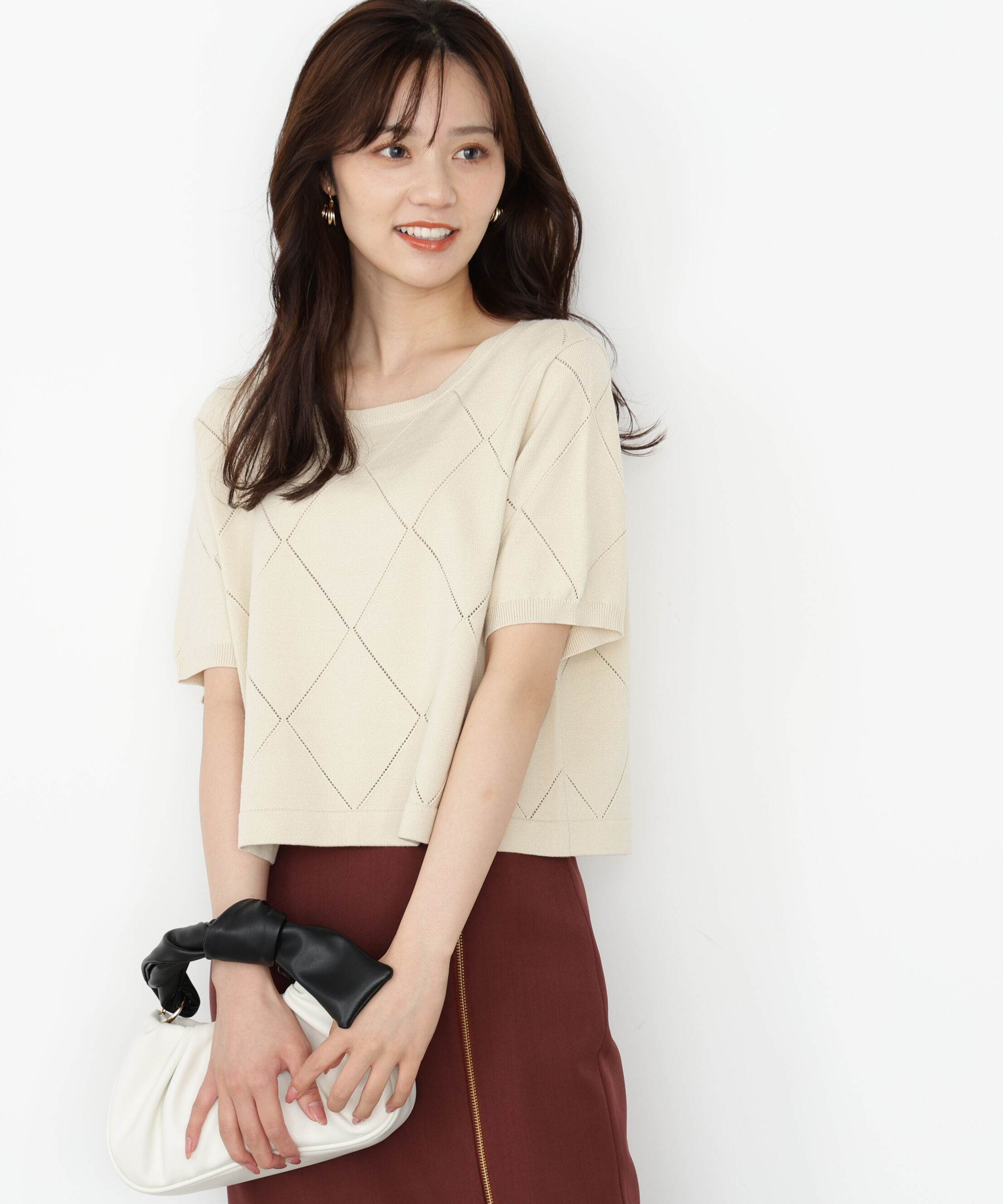 PROPORTION BODY DRESSING「＜ハンドウォッシャブル＞ダイヤ柄半袖ニット 25AW」|ニット・セーター|