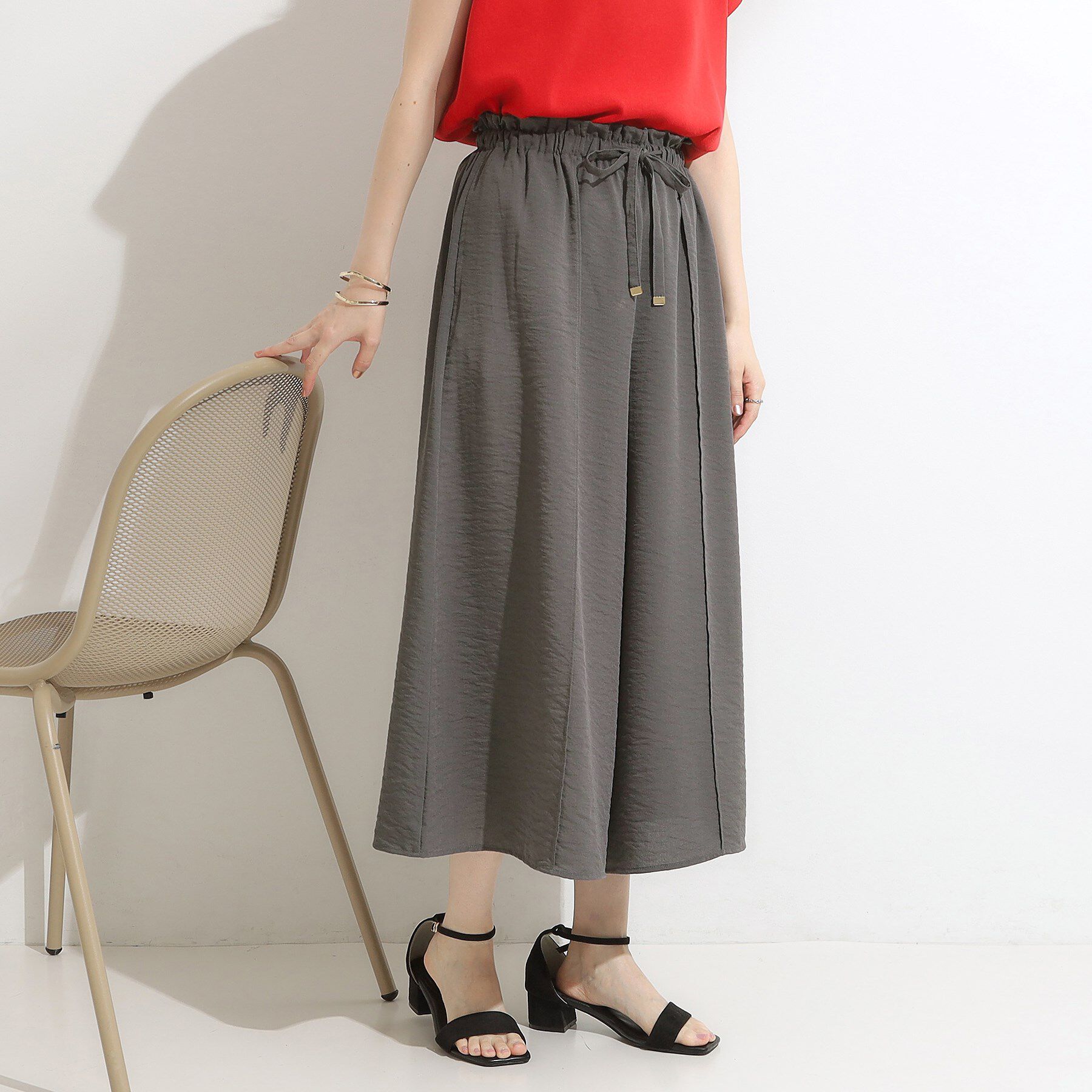 SHOO･LA･RUE「【S-LL/ひんやり】さらっとタッチできれい見え ピンタックスカーチョ」|その他|チャコールグレー(0