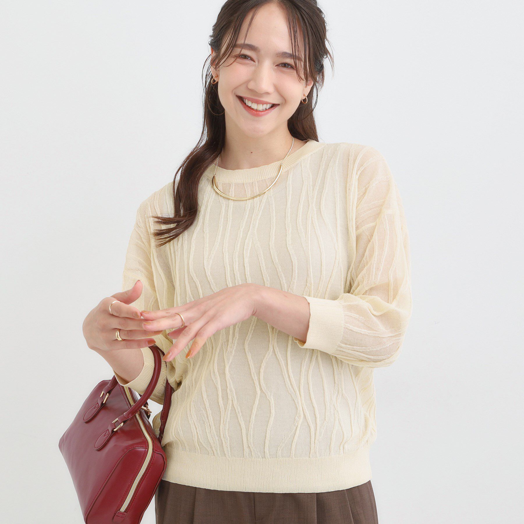 SHOO･LA･RUE「【S-LL/洗える】曲線的な柄がきれい見え シアーニット」|ニット・セーター|グレージュ(050)