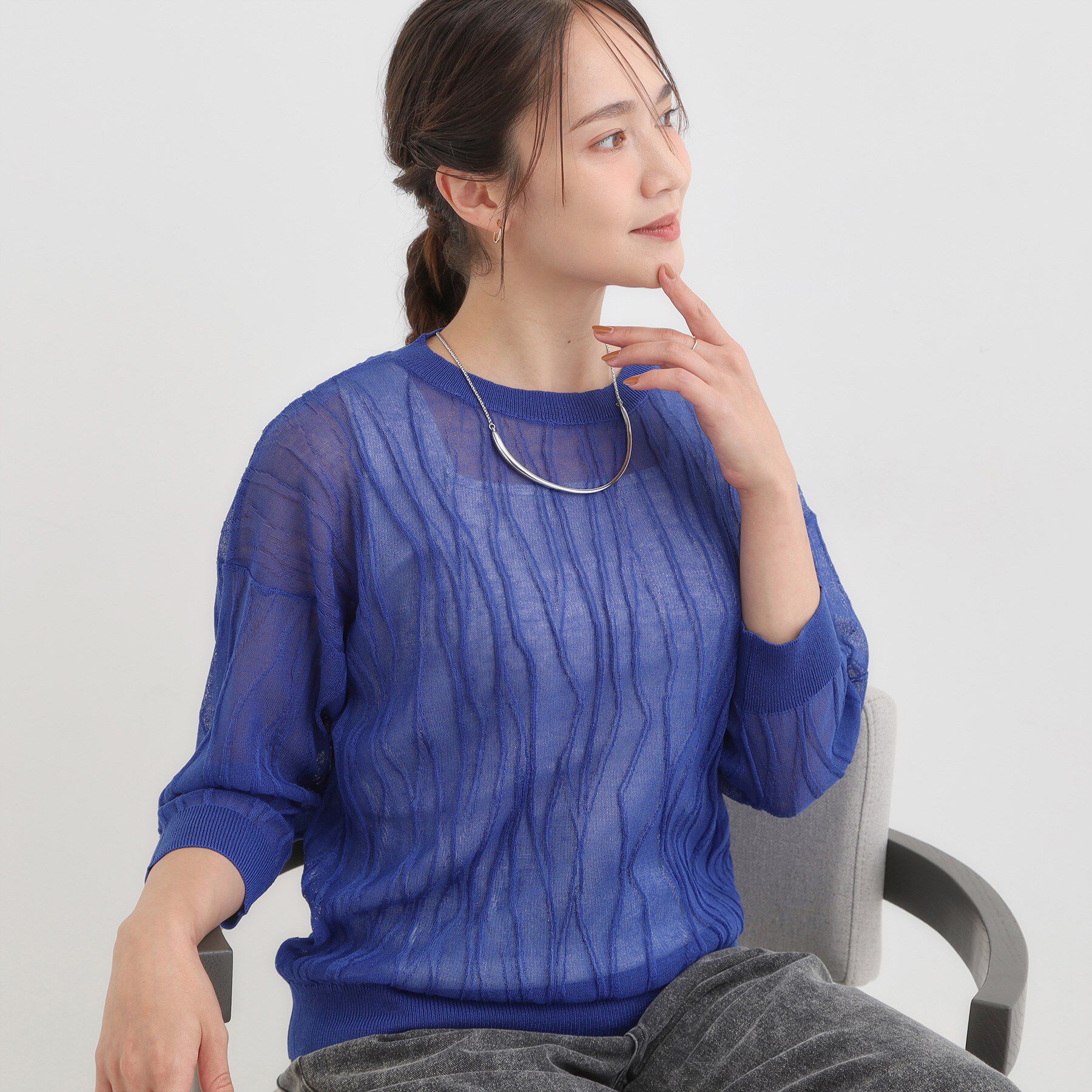 SHOO･LA･RUE「【S-LL/洗える】曲線的な柄がきれい見え シアーニット」|ニット・セーター|ブルー(093)