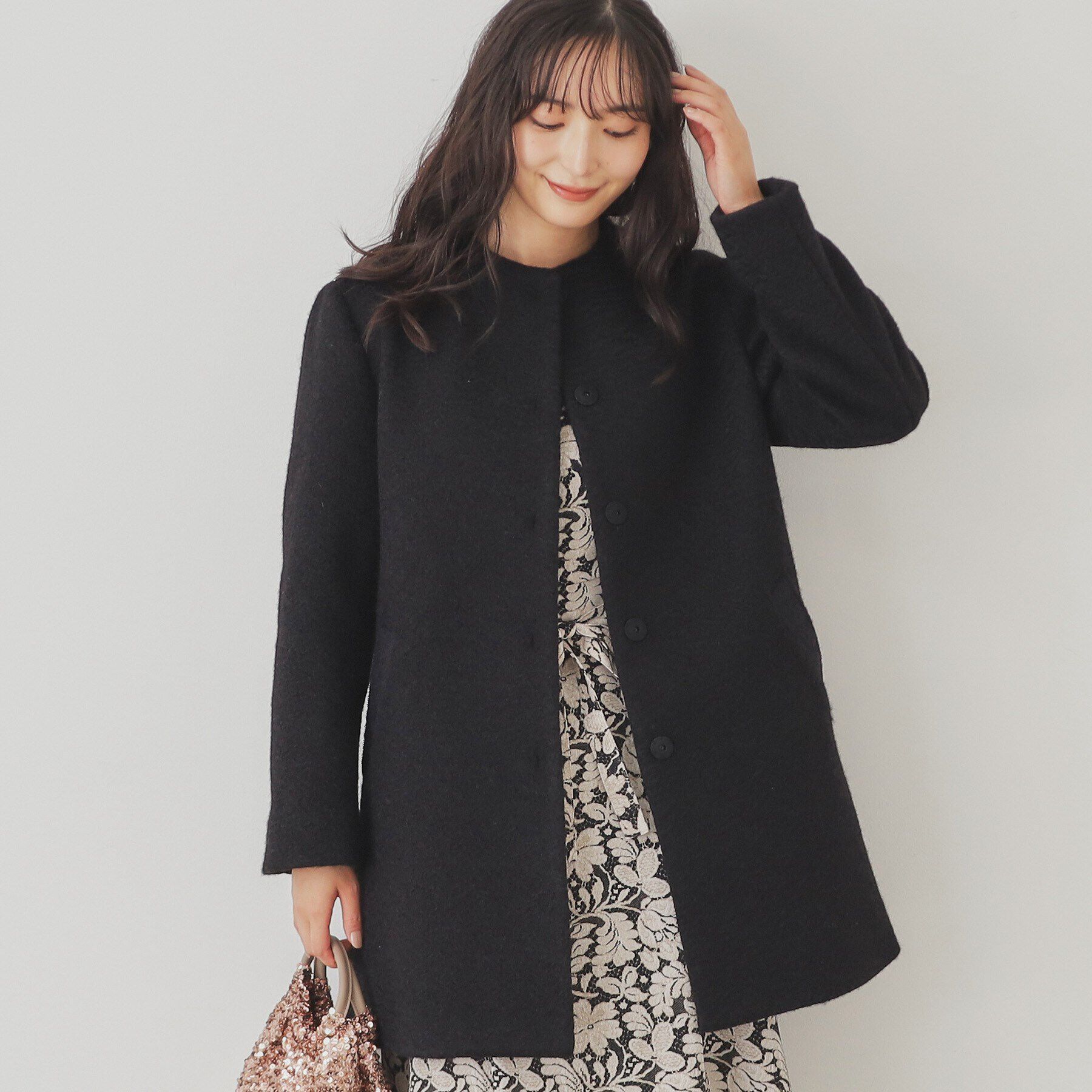 SunaUna「【S～Lサイズ展開/レース付ポケット】ボトルネックコート」|ノーカラーコート|ﾌﾞﾗｯｸ(019)