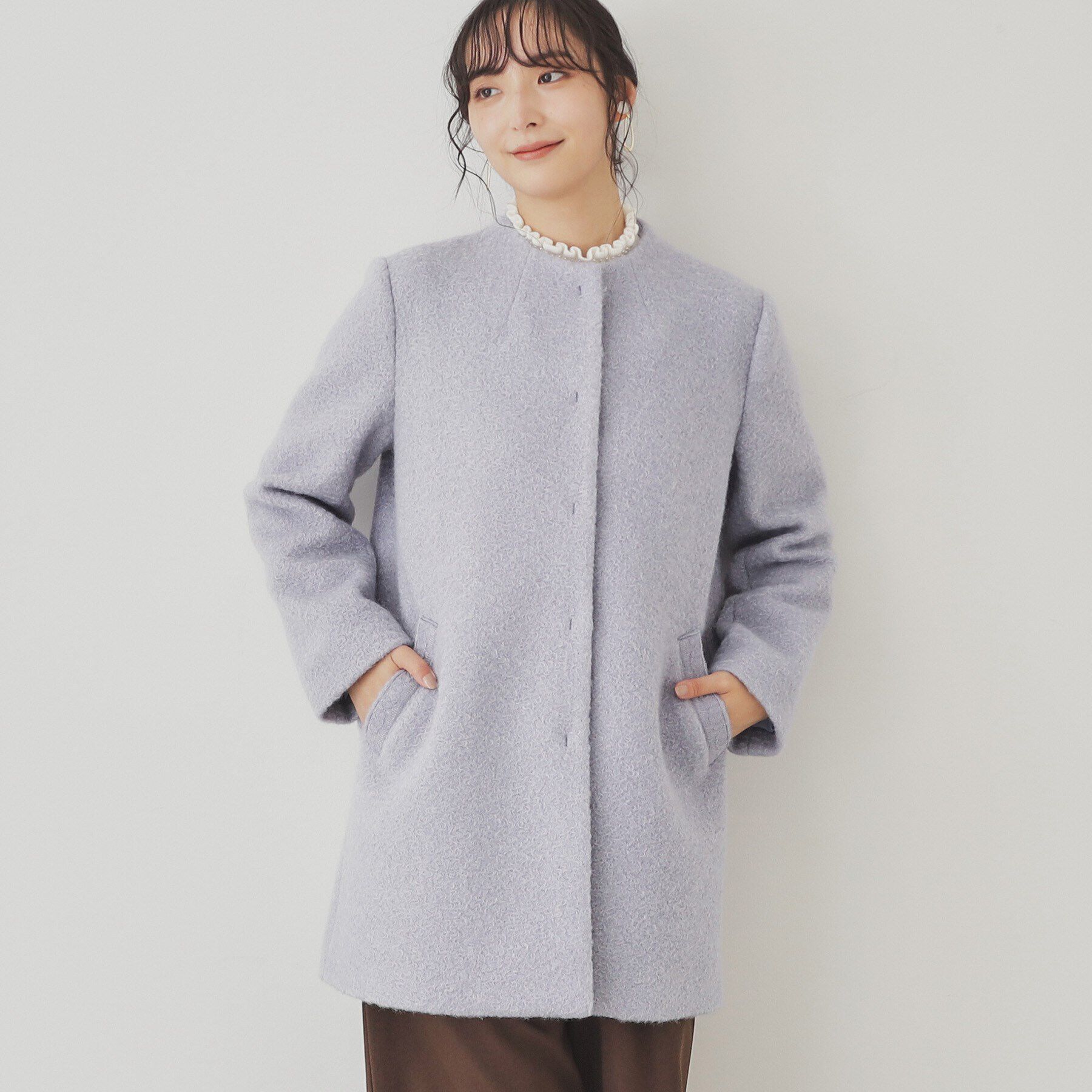 SunaUna「【S～Lサイズ展開/レース付ポケット】ボトルネックコート」|ノーカラーコート|