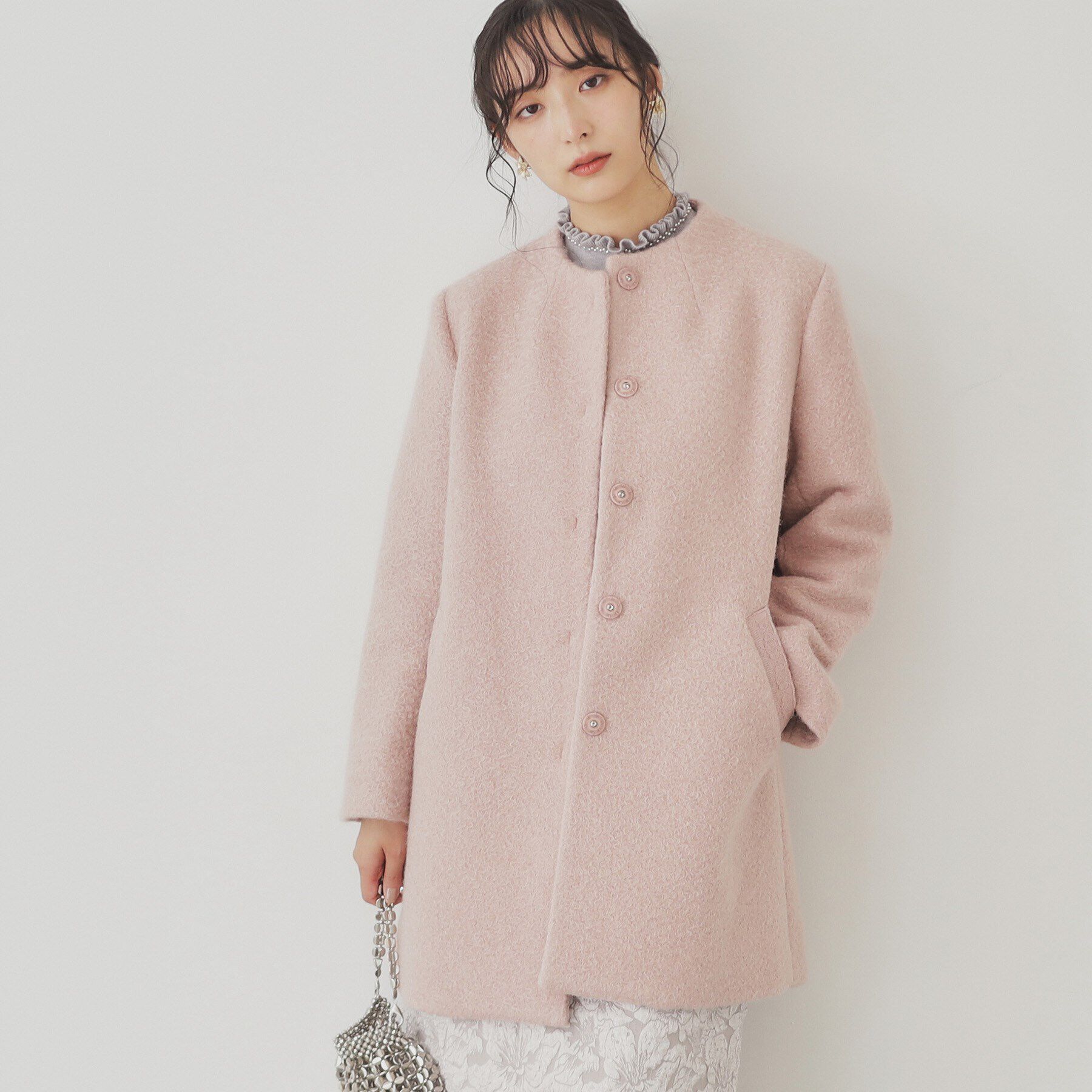 SunaUna「【S～Lサイズ展開/レース付ポケット】ボトルネックコート」|ノーカラーコート|ﾋﾟﾝｸ(071)